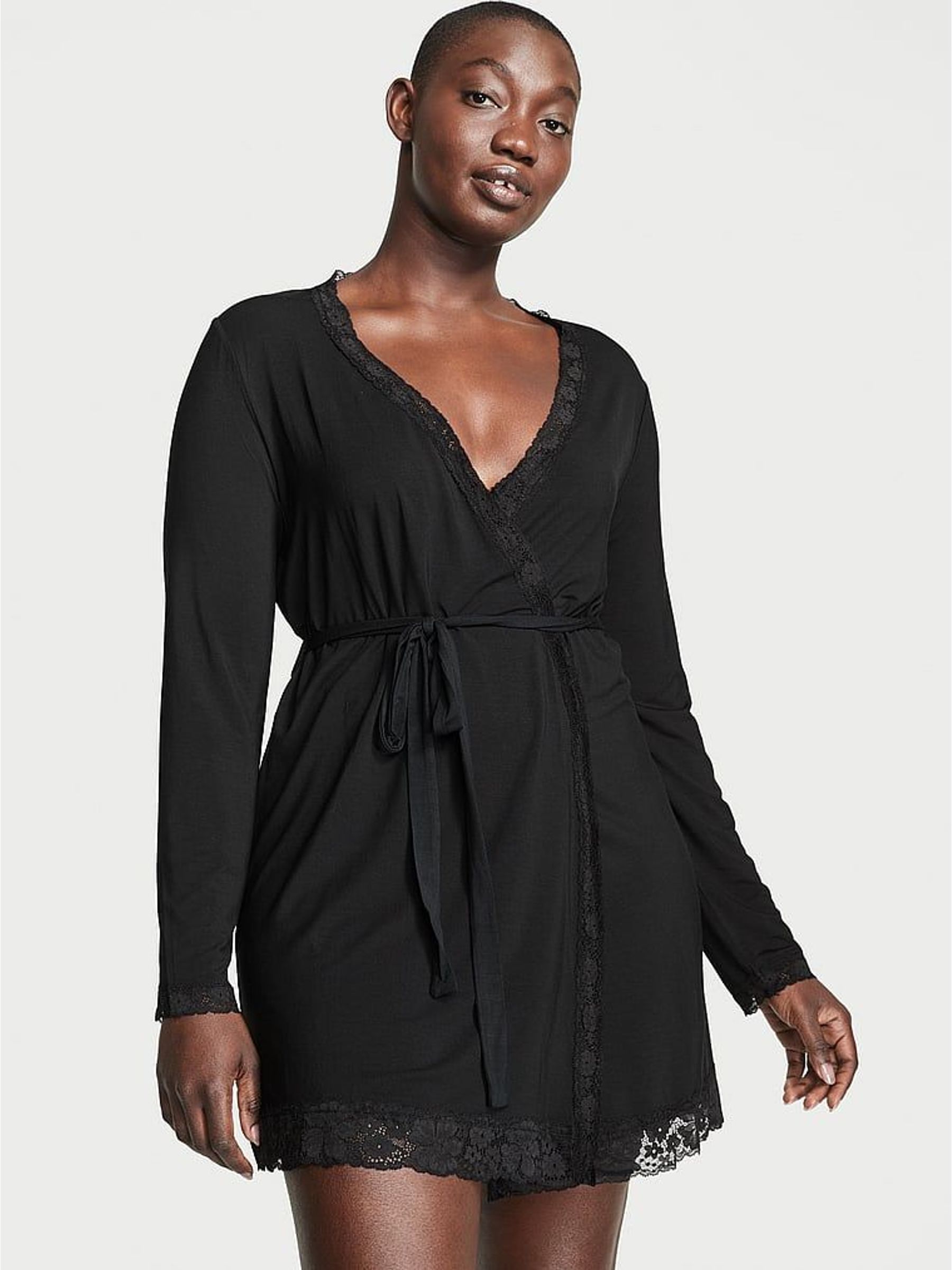 Black Modal Lace Trim Robe (W54808) | €62