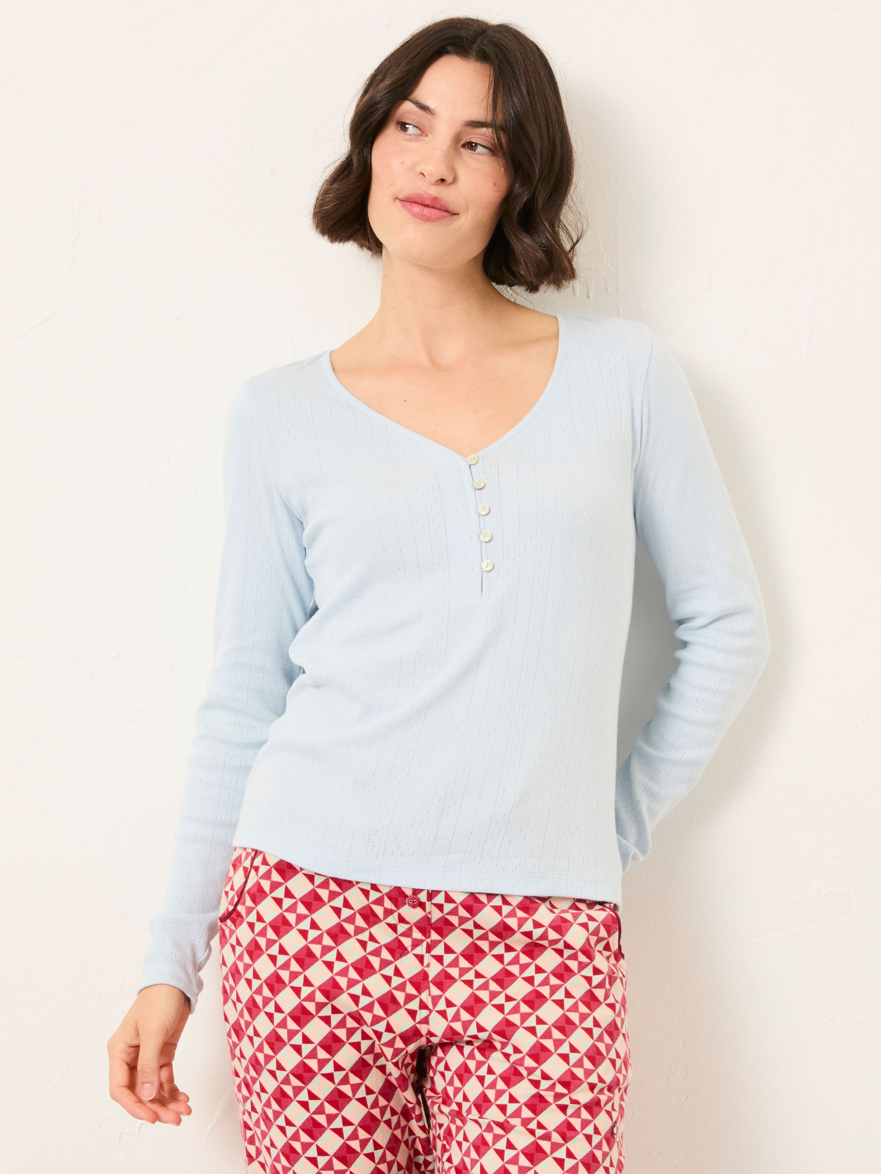 Lila Pale Blue Pointelle Henley Top (W55043) | $51