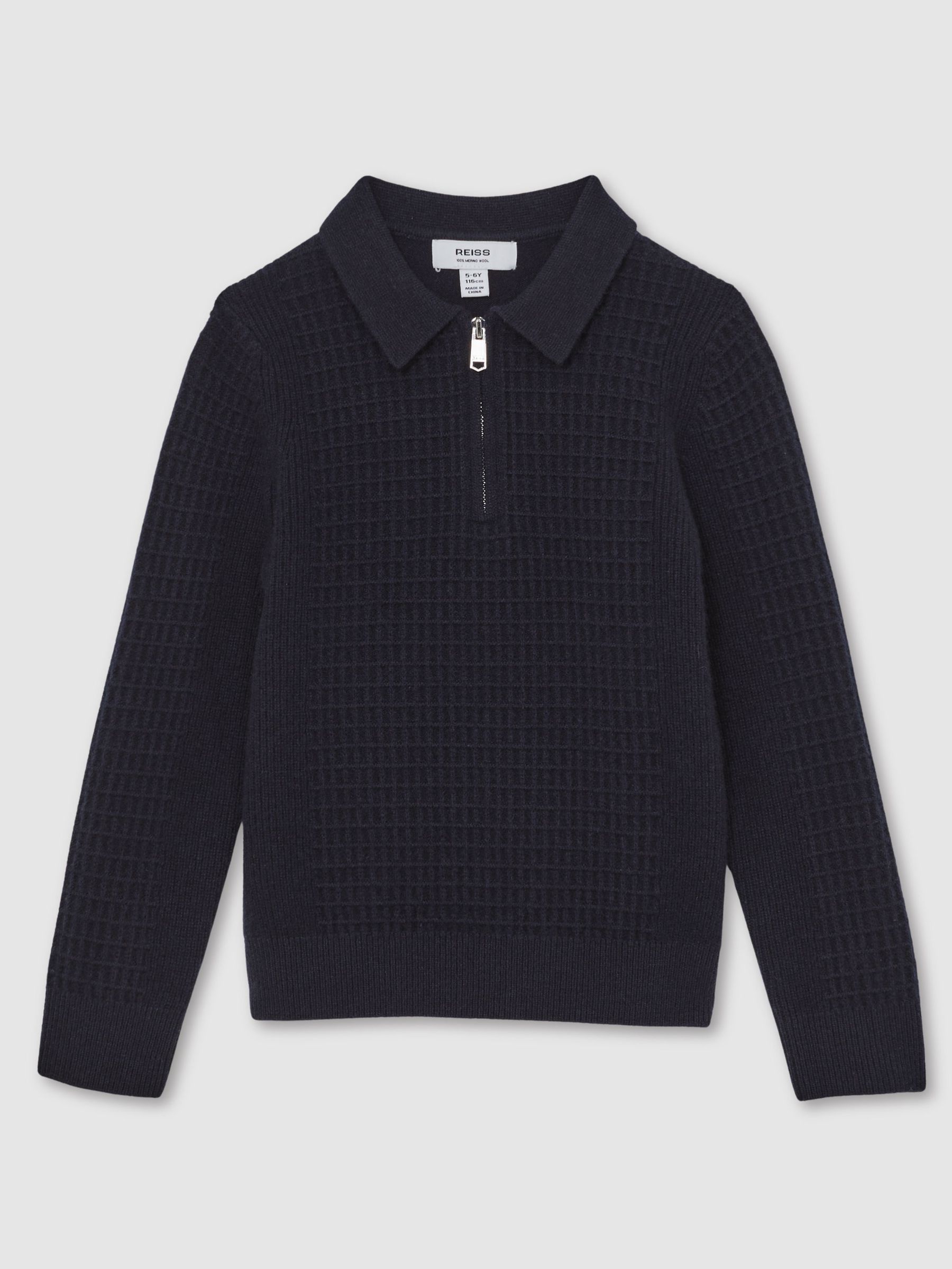 13-14 yrs Wool Waffle-Knit Half-Zip Polo Shirt in Navy Blue (W55360) | CA$95