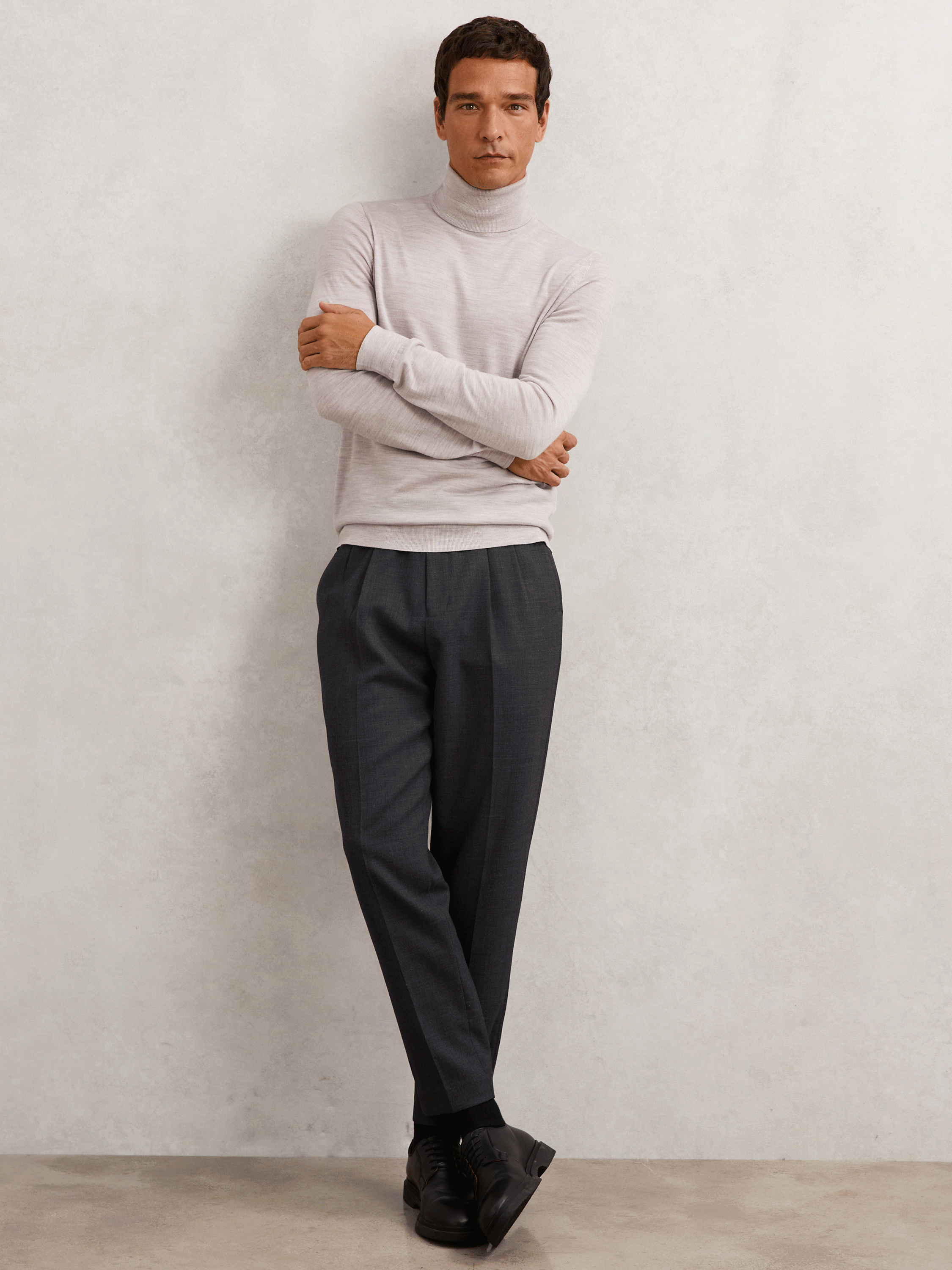 Merino Wool Roll-Neck Jumper in Wicker Brown Melange (W55373) | 535 QAR