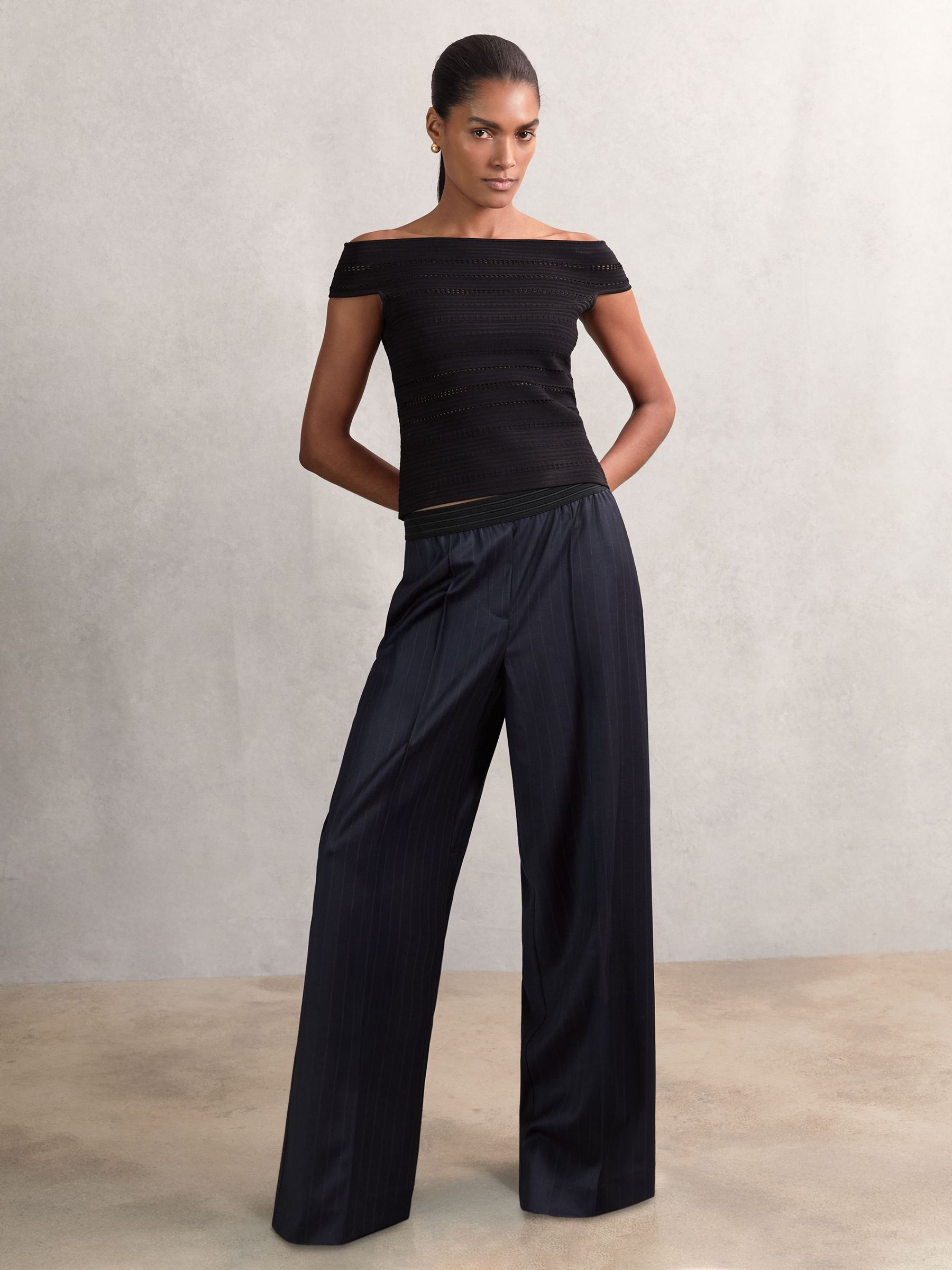 Wool-Blend Pinstripe Wide-Leg Trousers in Navy (W55375) | 980 QAR