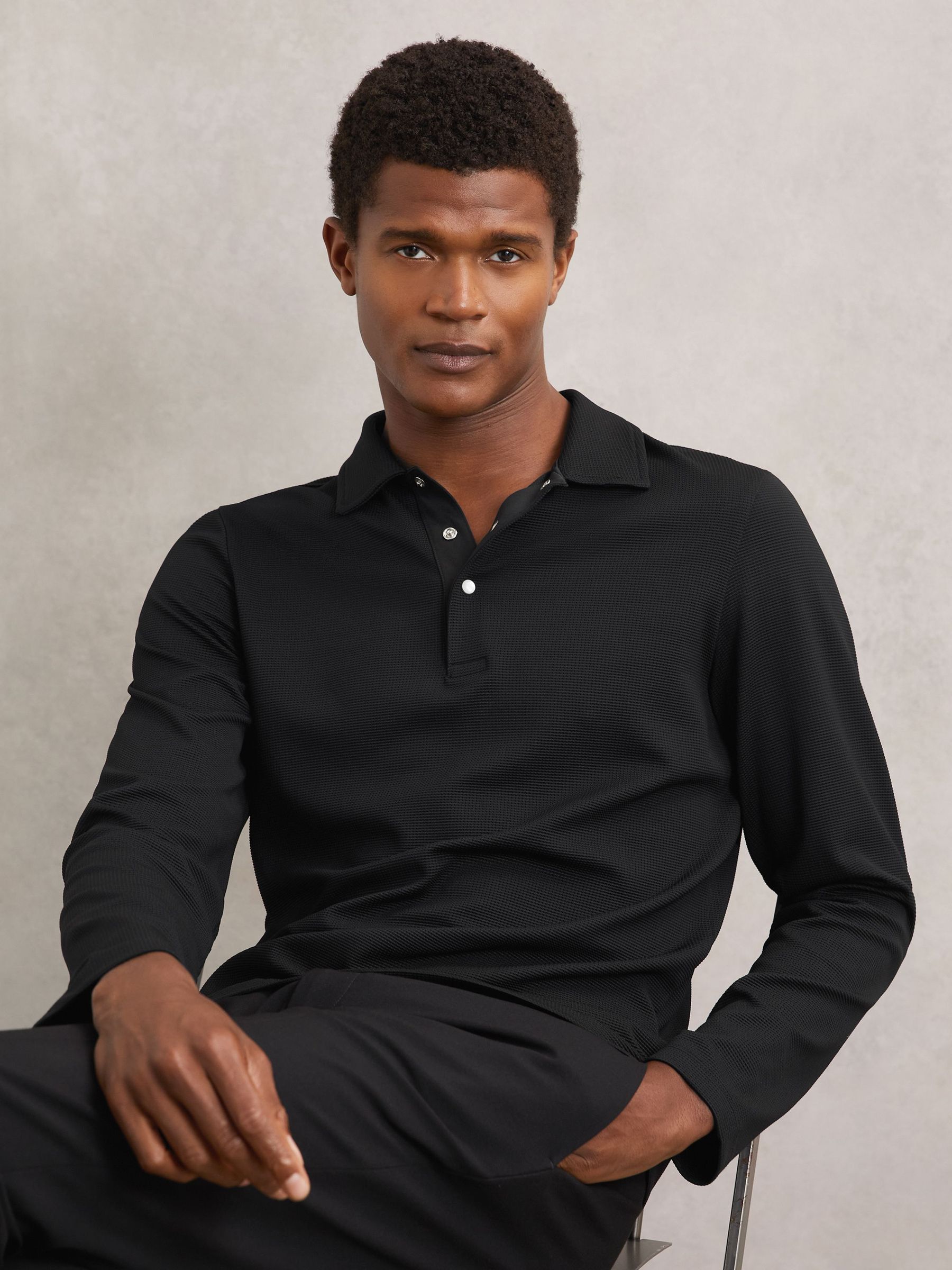 Textured Press-Stud Polo Shirt in Black (W55382) | CA$215