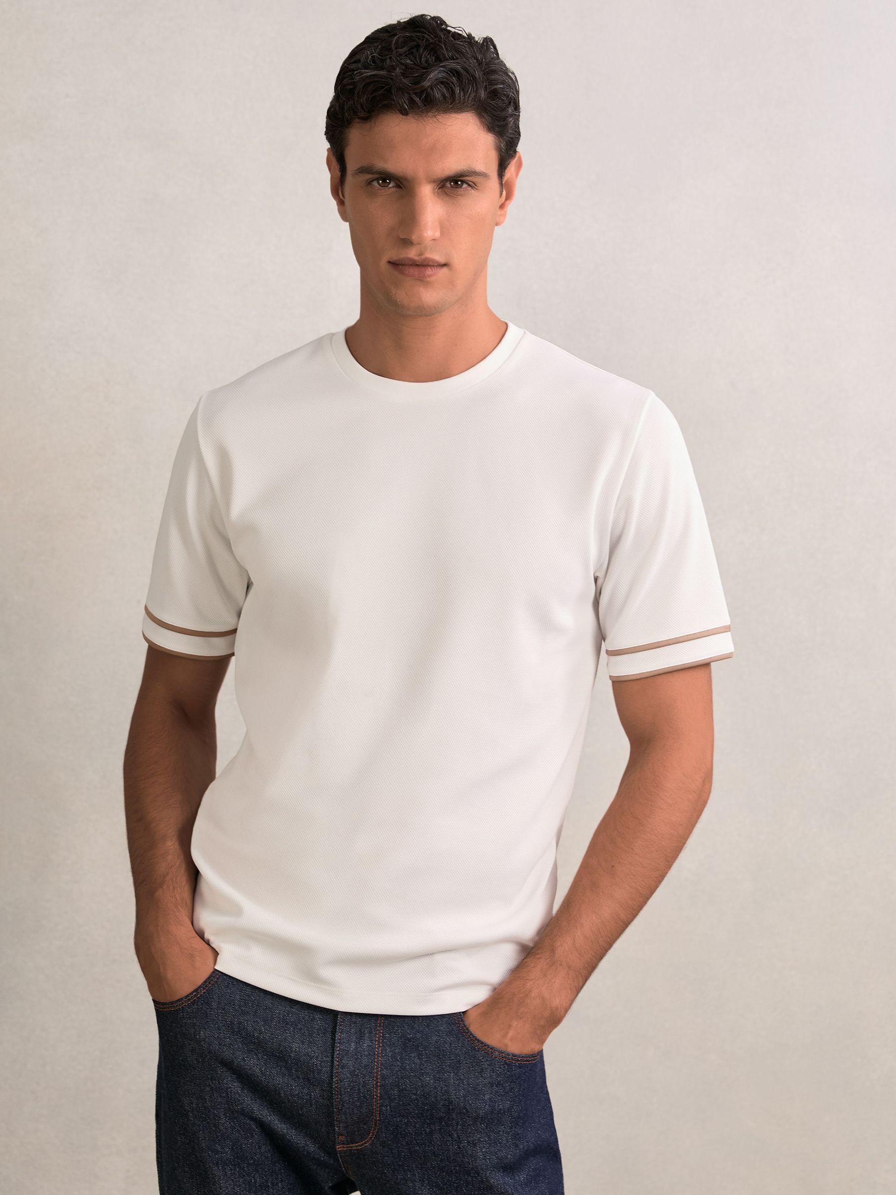 Textured Crew-Neck Tipped T-Shirt in White (W55539) | €95