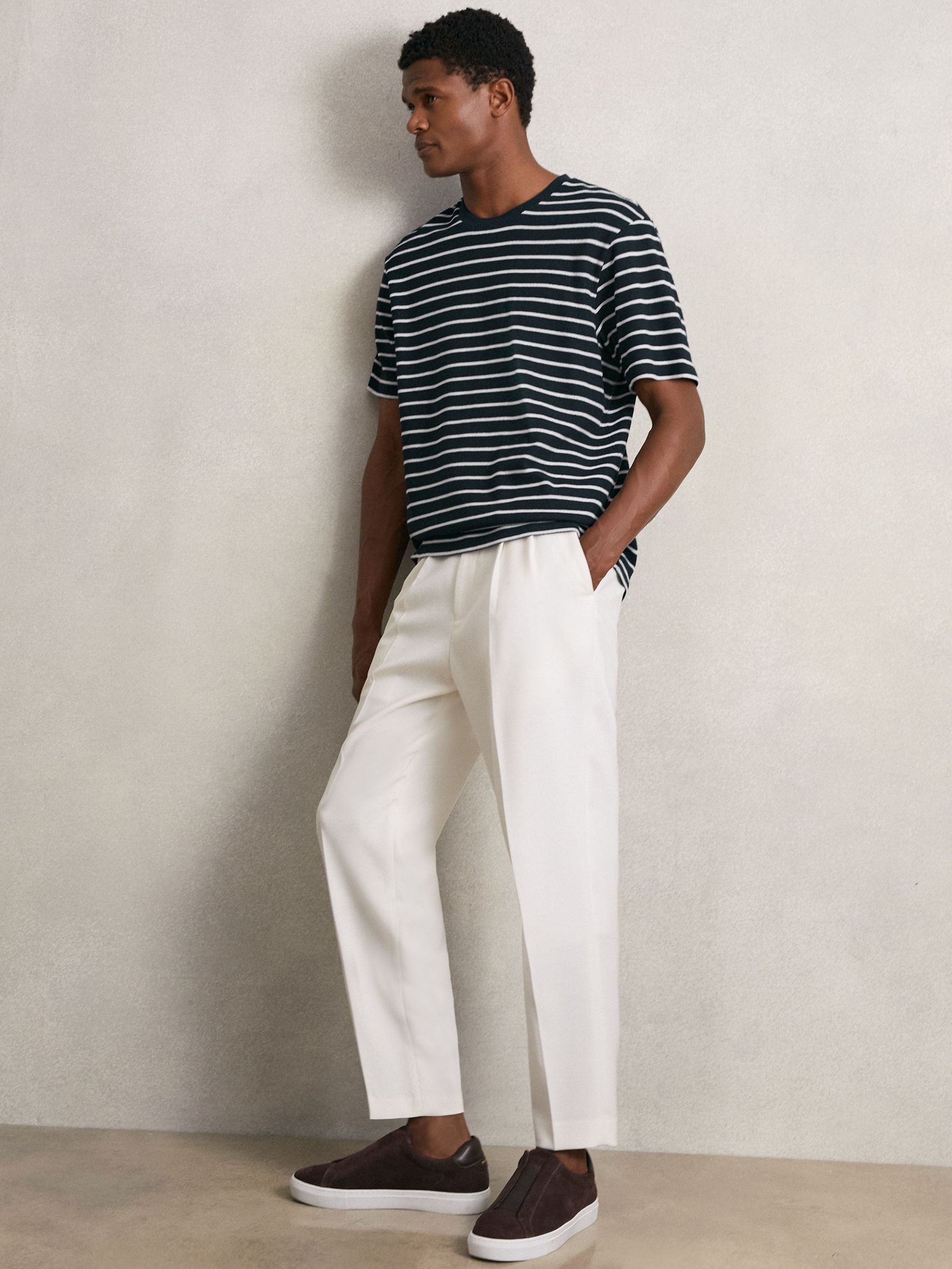 Cotton Textured Stripe T-Shirt in White/Navy (W55547) | 370 QAR