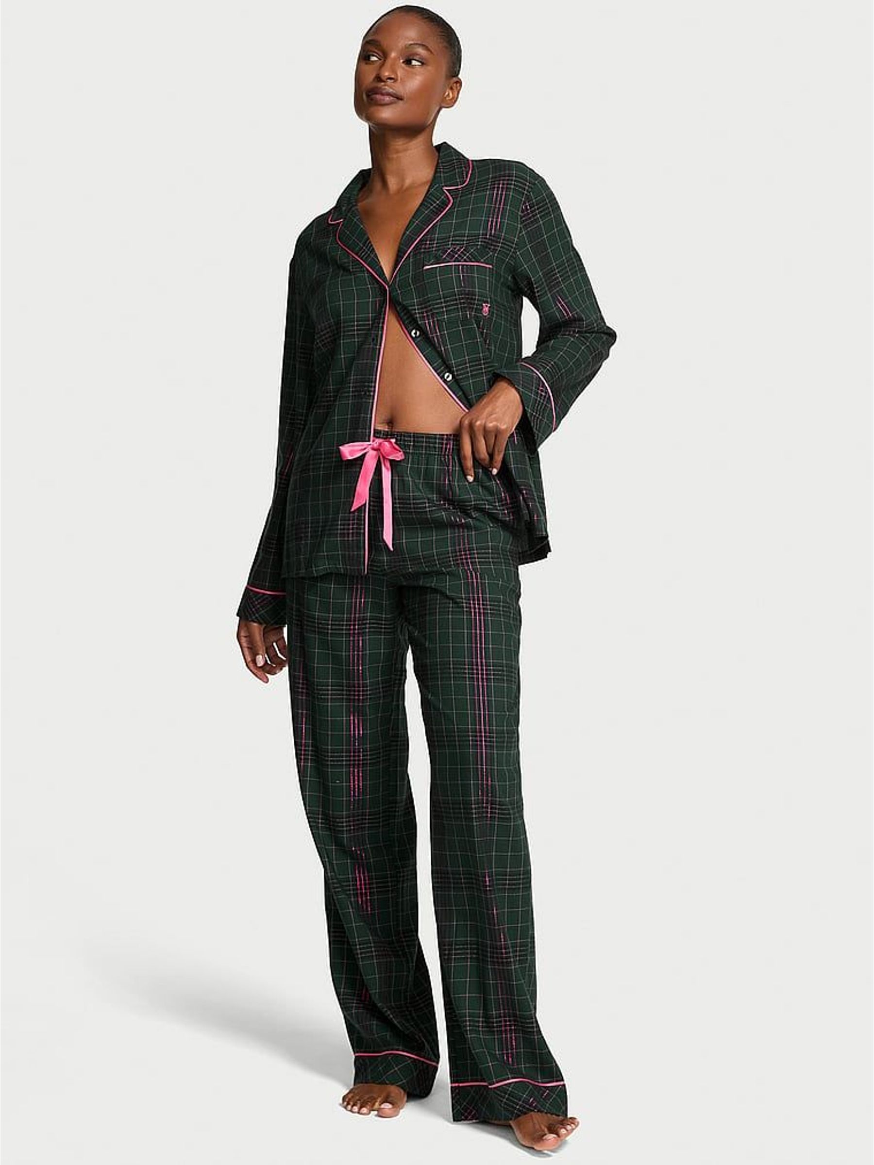 Clover Green Christmas Tartan Flannel Long Pyjamas Set (W56446) | €77