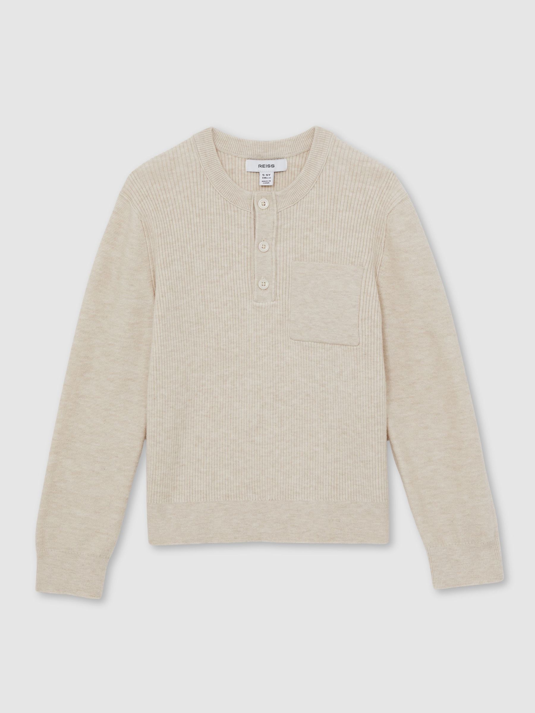 13-14 yrs Cotton-Blend Rib-Knit Henley Top in Oatmeal Melange (W57116) | $75