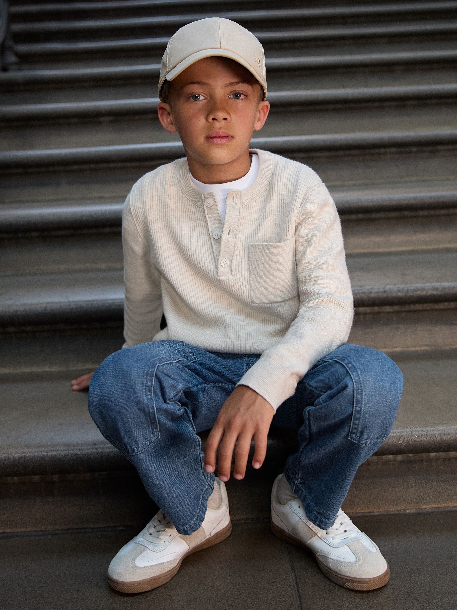 3-9 yrs Cotton-Blend Rib-Knit Henley Top in Oatmeal Melange (W57124) | $65