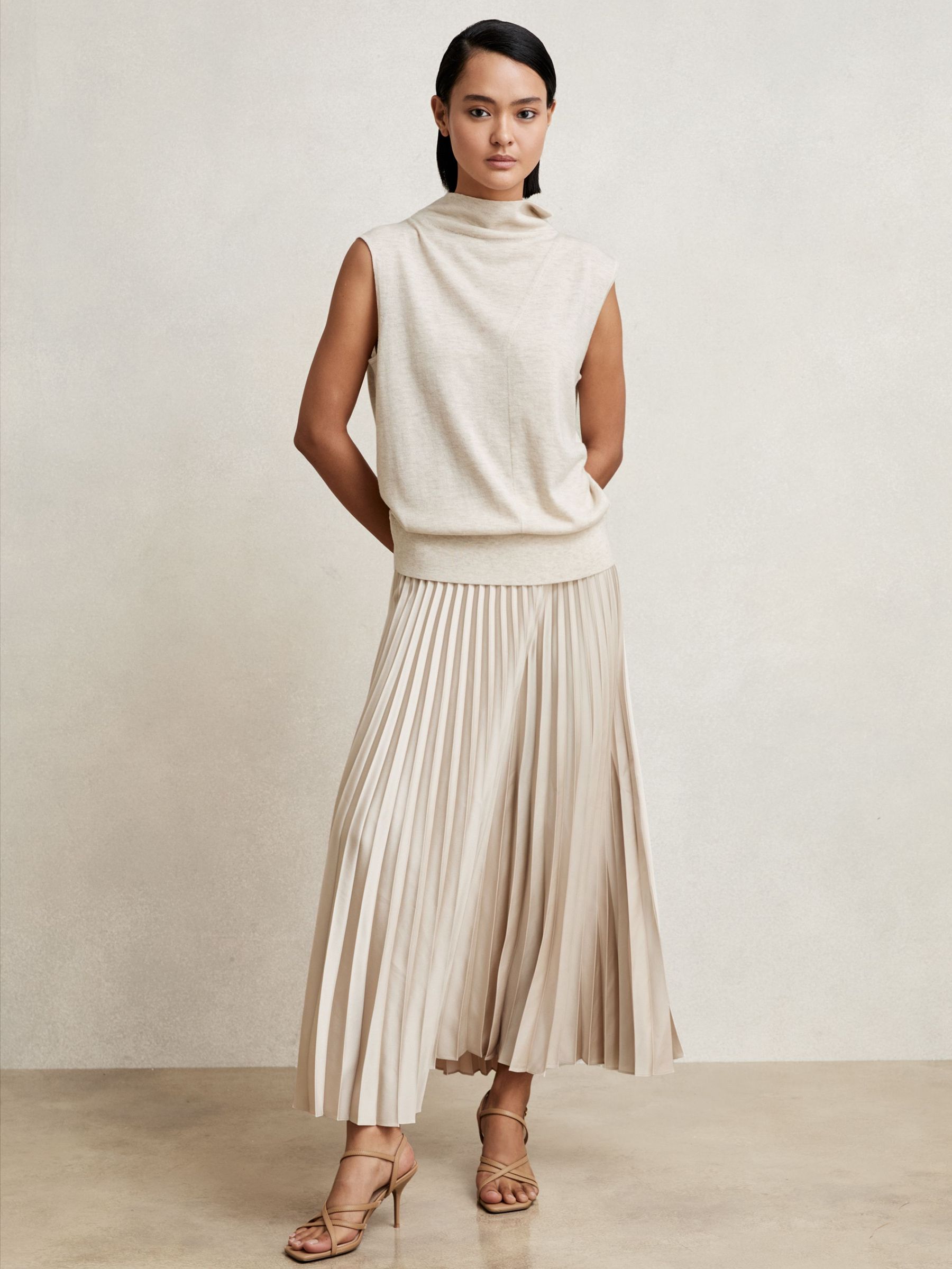 Pleated Midi Skirt in Champagne Neutral (W57762) | $325