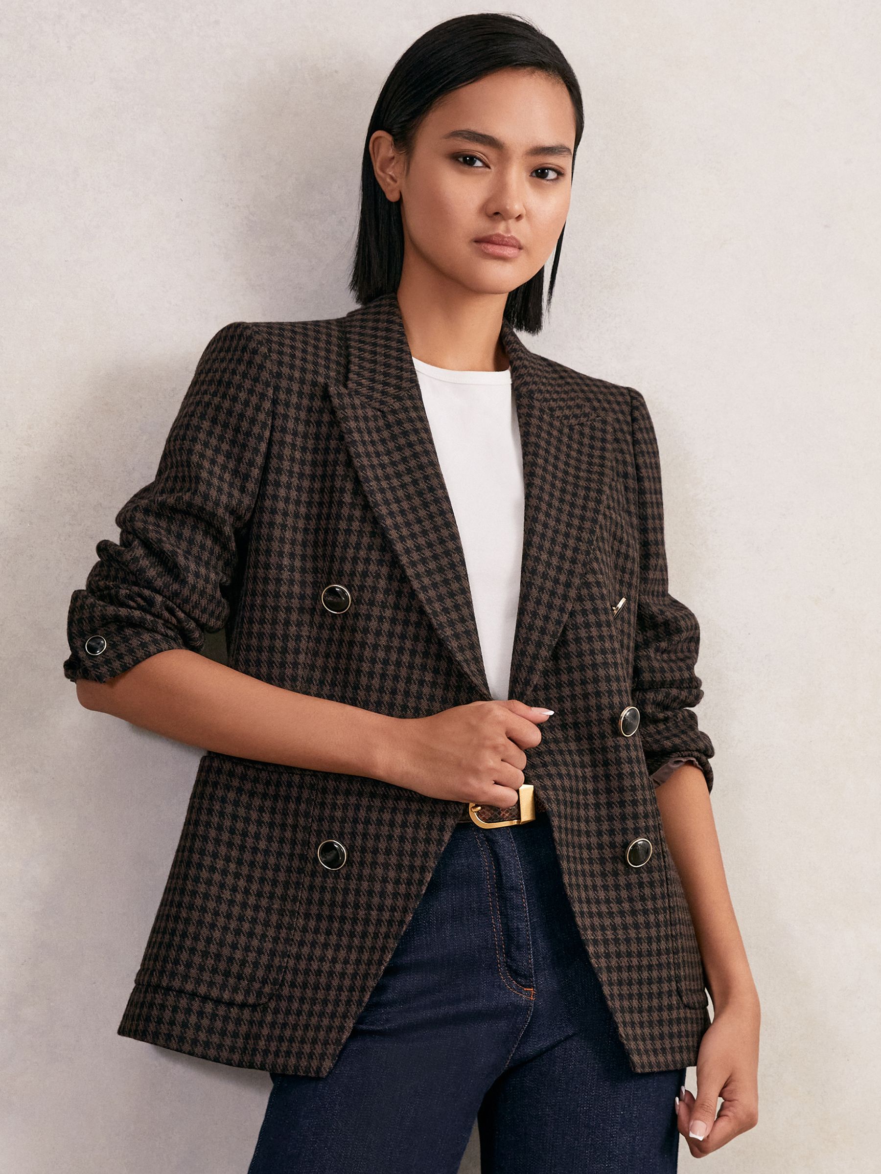 Wool-Blend Double-Breasted Check Blazer in Brown Check (W58931) | 1,625 QAR