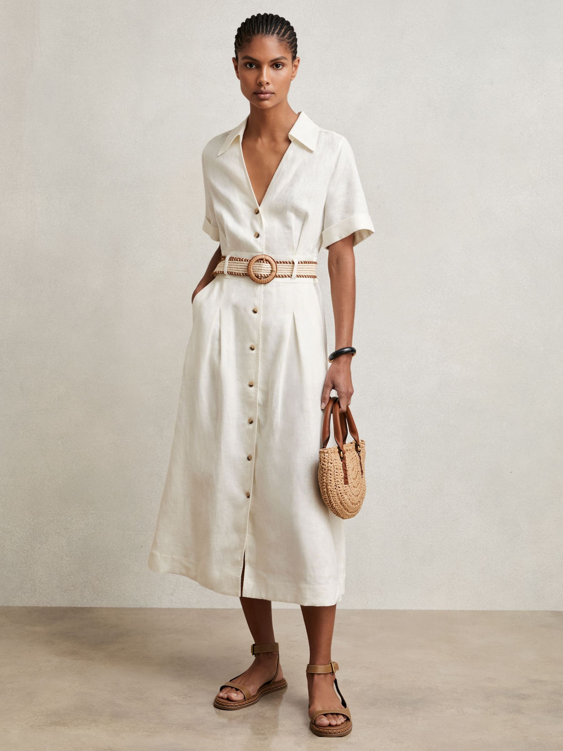 Petite Linen Belted Midi Shirt Dress in Ivory (W58943) | SGD 278
