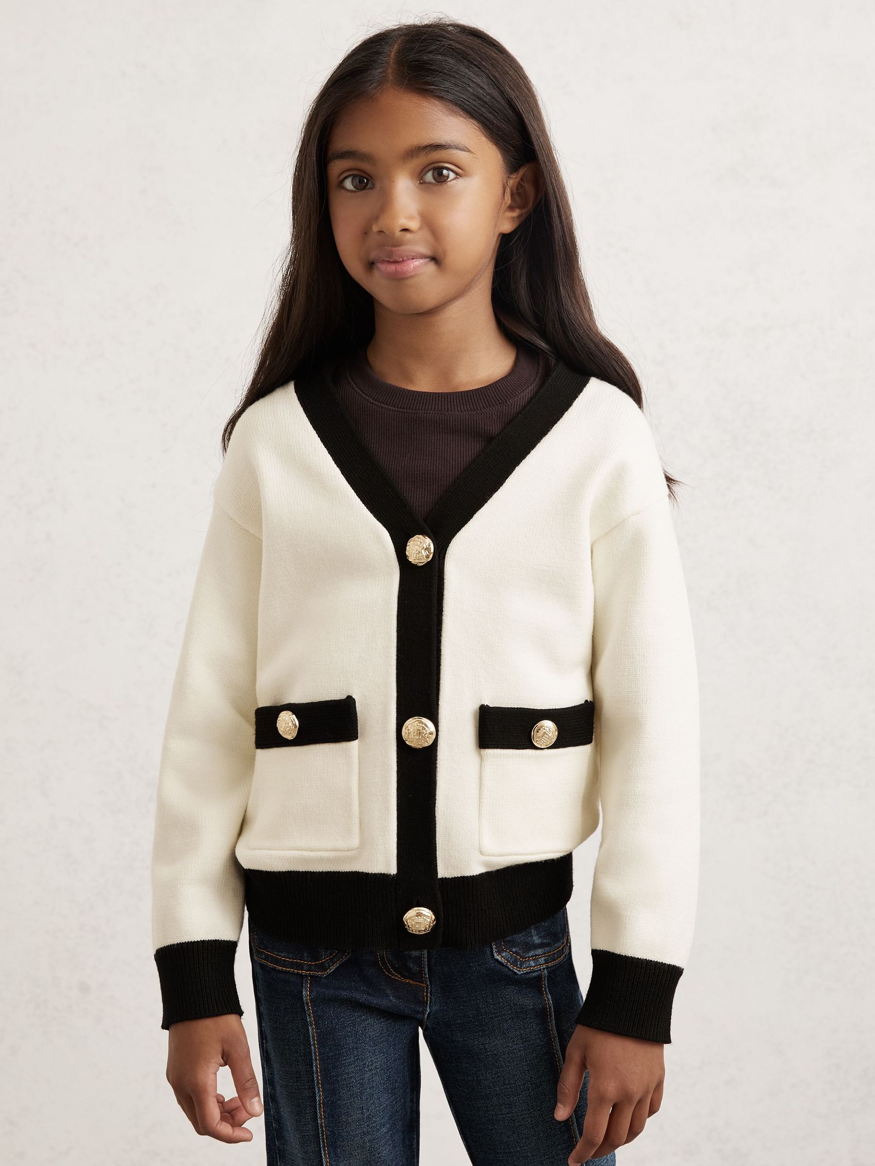 9-13 yrs Tipped V-Neck Cardigan in Ecru (W58971) | DKK530