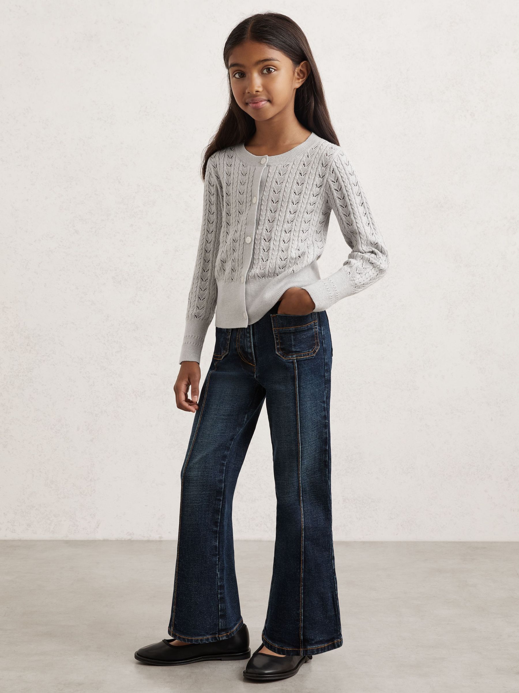 3-9 yrs Cotton And Wool Blend Pointelle Cardigan in Grey (W58990) | $75