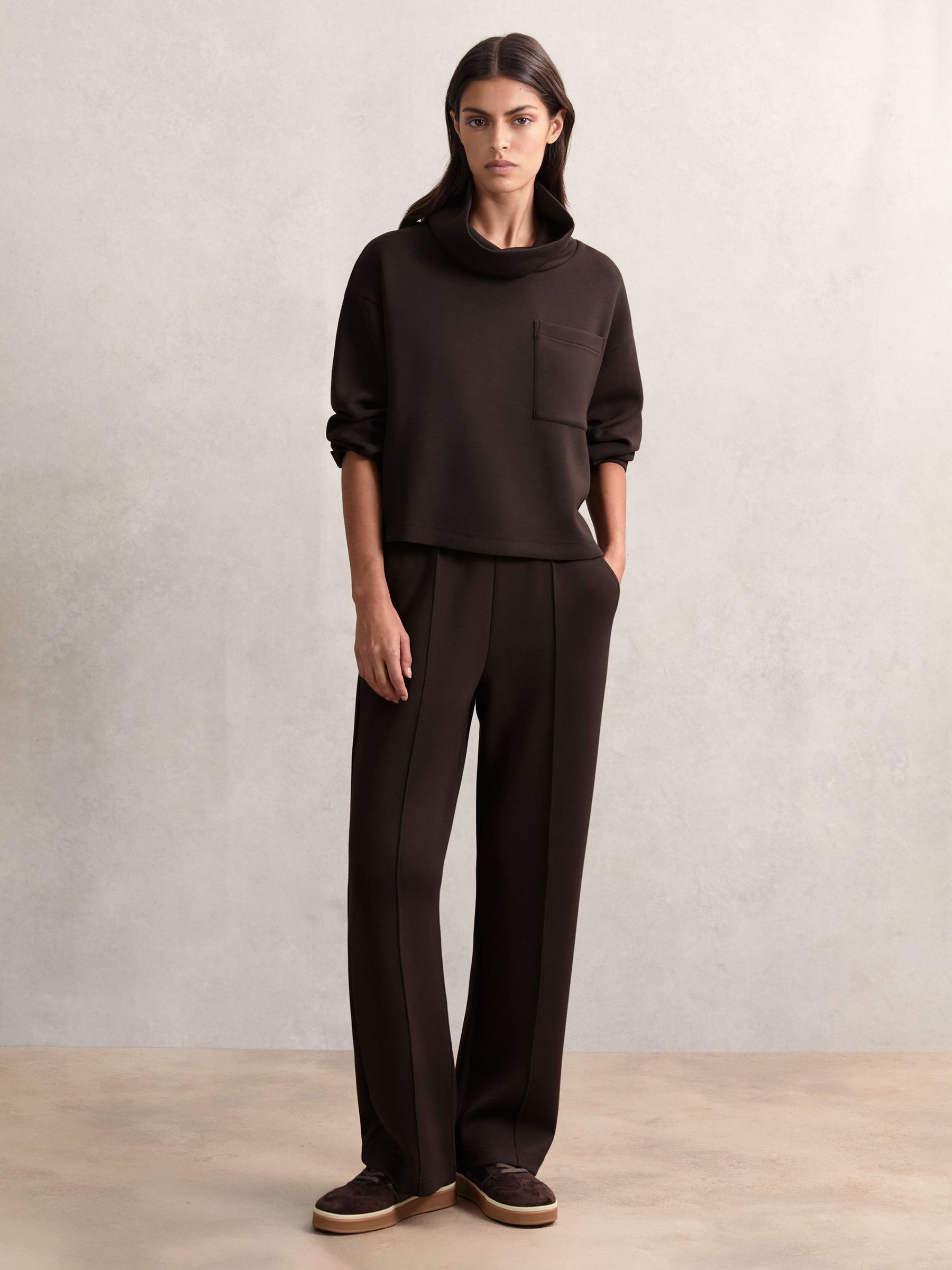 Modal-Blend Interlock Wide-Leg Joggers in Dark Chocolate Brown (W61530) | 655 QAR