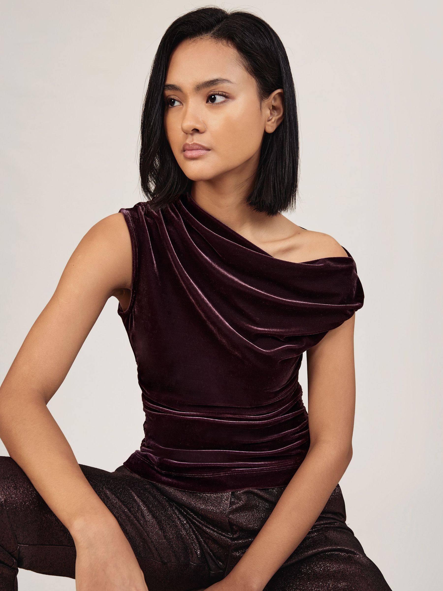 Velvet Off-Shoulder Top in Plum Purple (W61534) | AED470