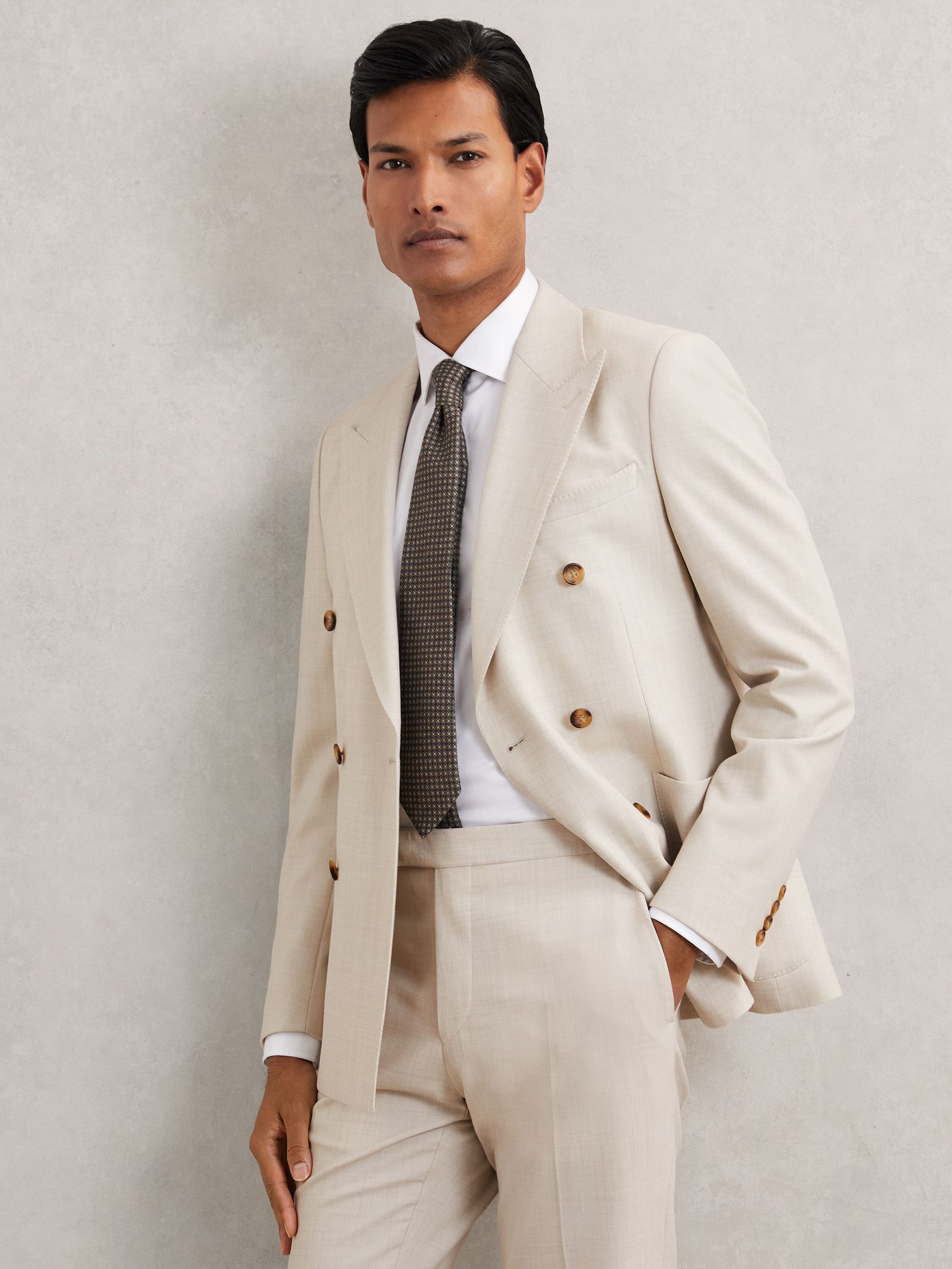 Double-Breasted Textured Suit Blazer Slim-Fit With Wool in Stone (W61968) | €450