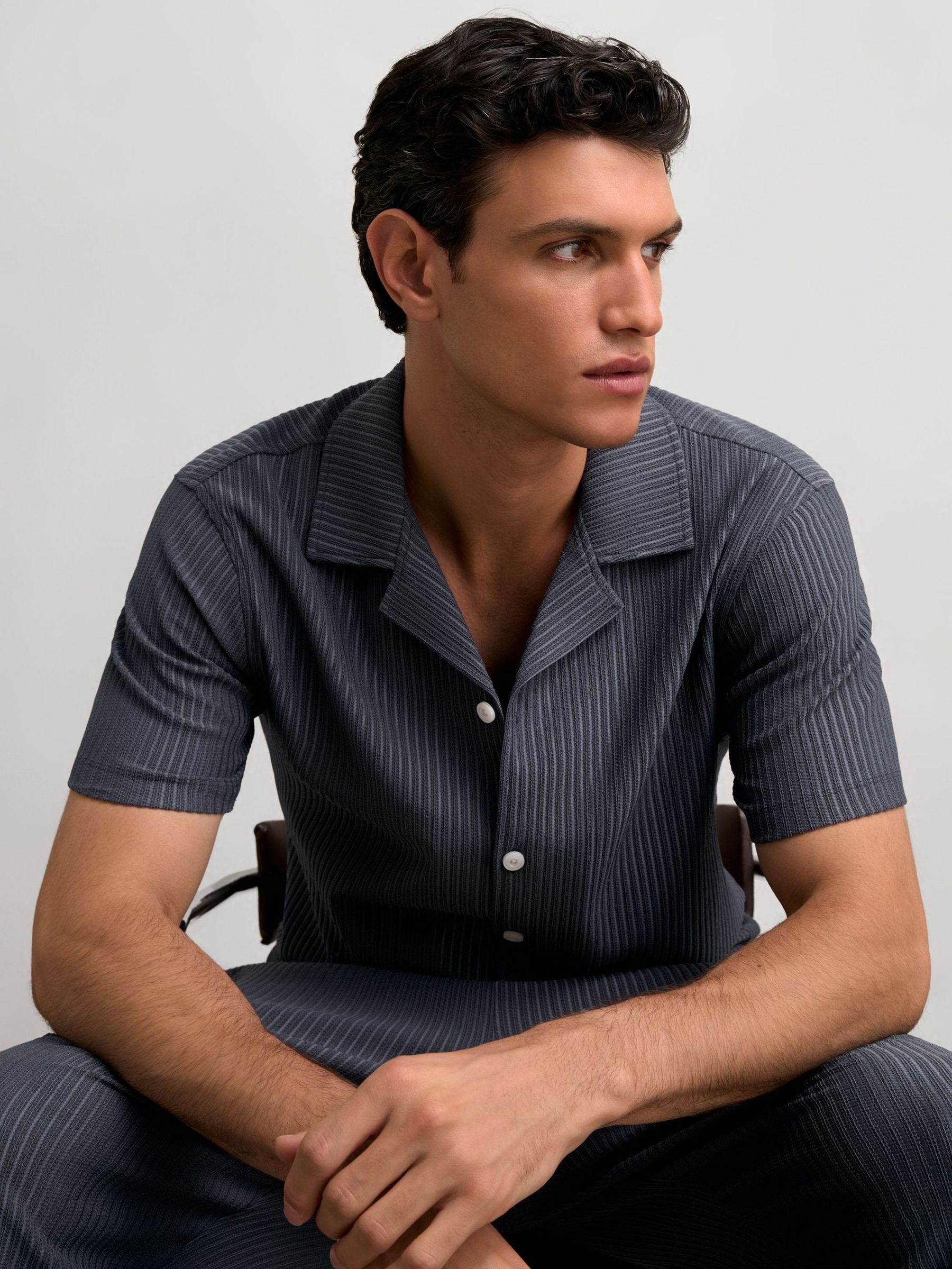 Textured-Stripe Cuban-Collar Shirt in Petrol Blue (W61976) | €140