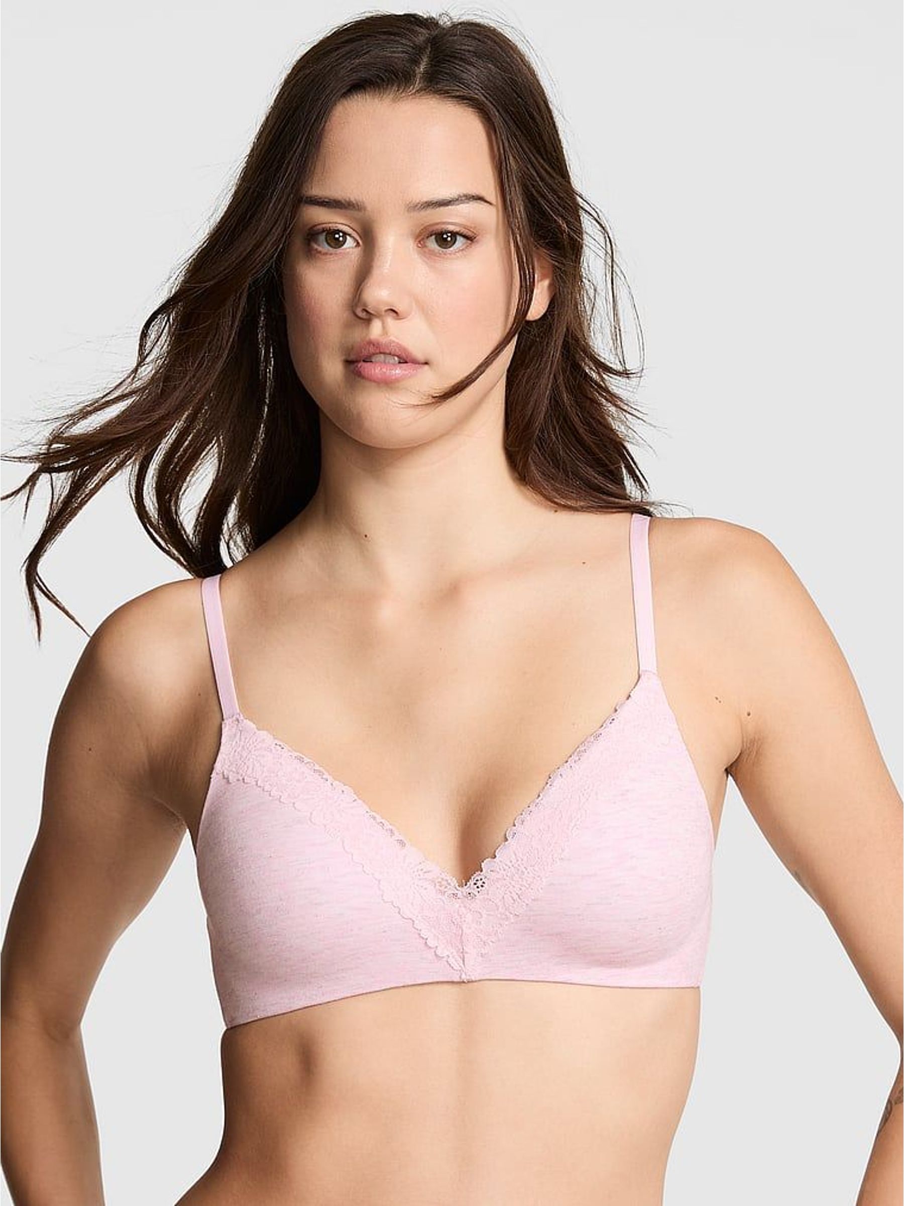 Petal Pink Non Wired Lightly Lined Cotton Heather Lace Trim Bra (W63694) | €37 - €45
