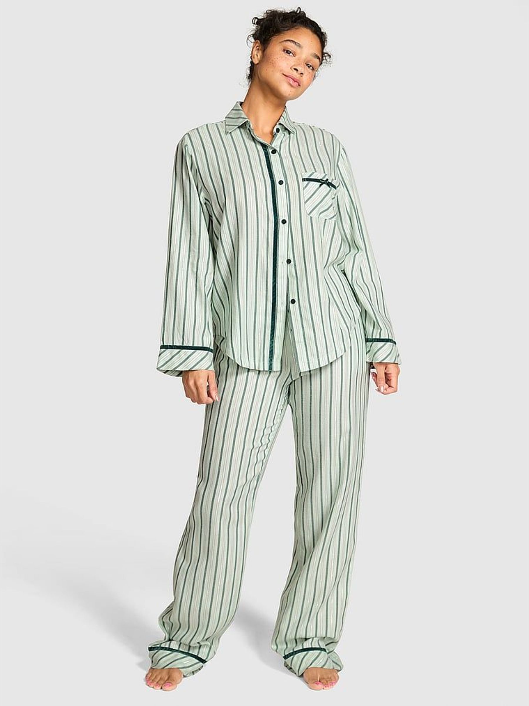 Deep Forest Green Christmas Stripe Flannel Pyjamas Set (W63696) | €77