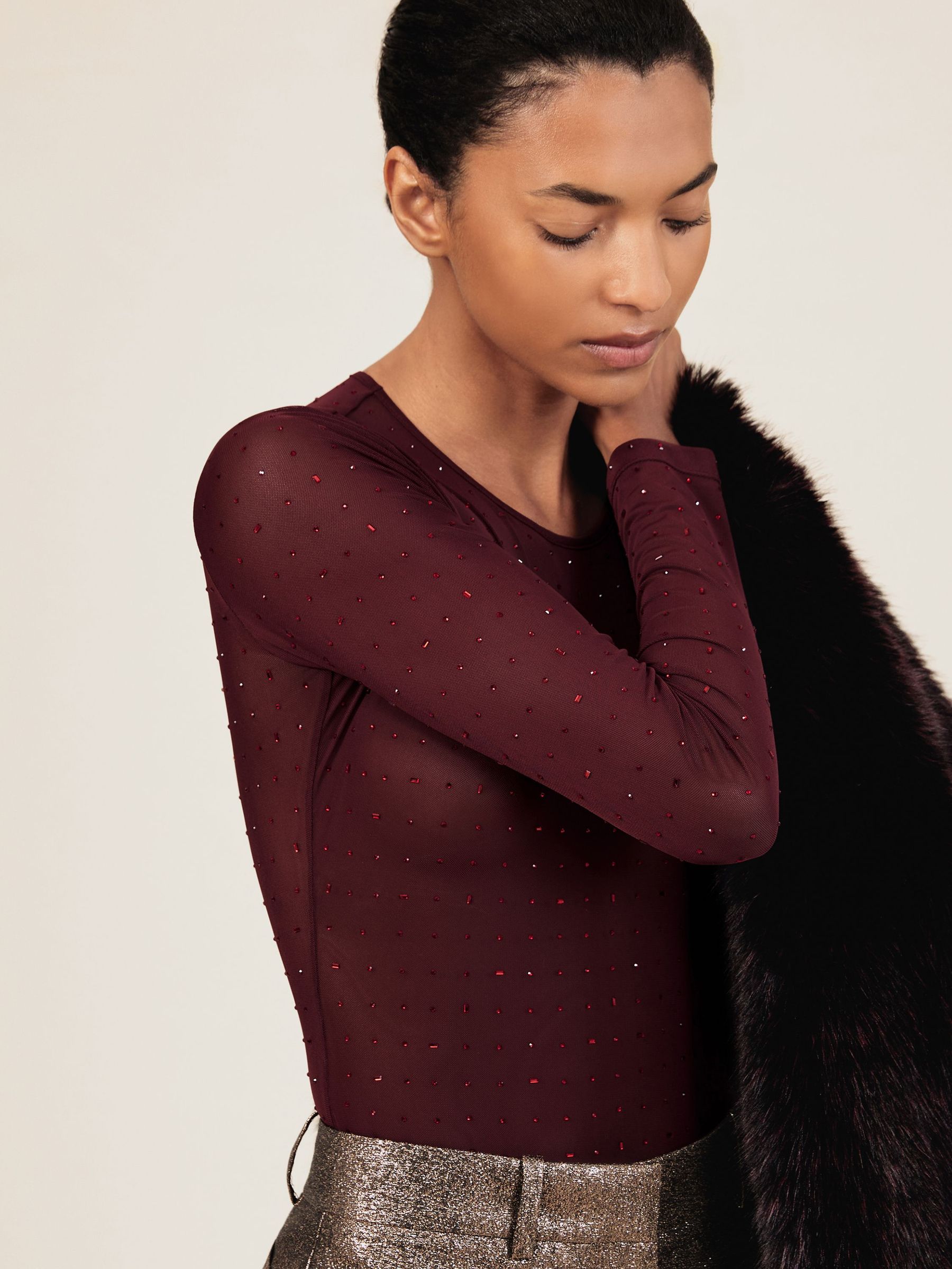 Crystal-Embellished Mesh Bodysuit in Red (W63993) | €155