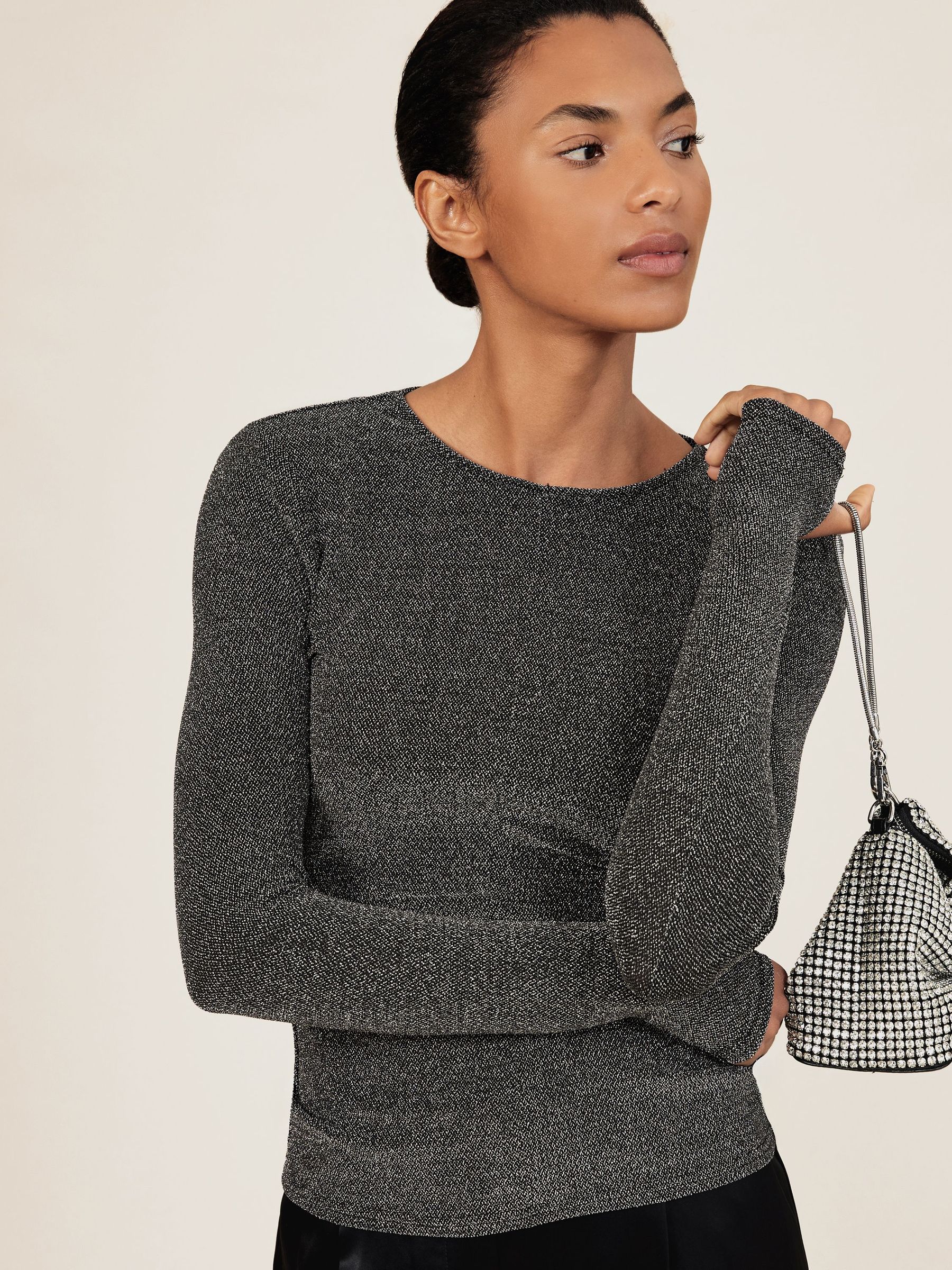 Metallic-Knit Long-Sleeve Top in Silver (W64015) | SGD 180