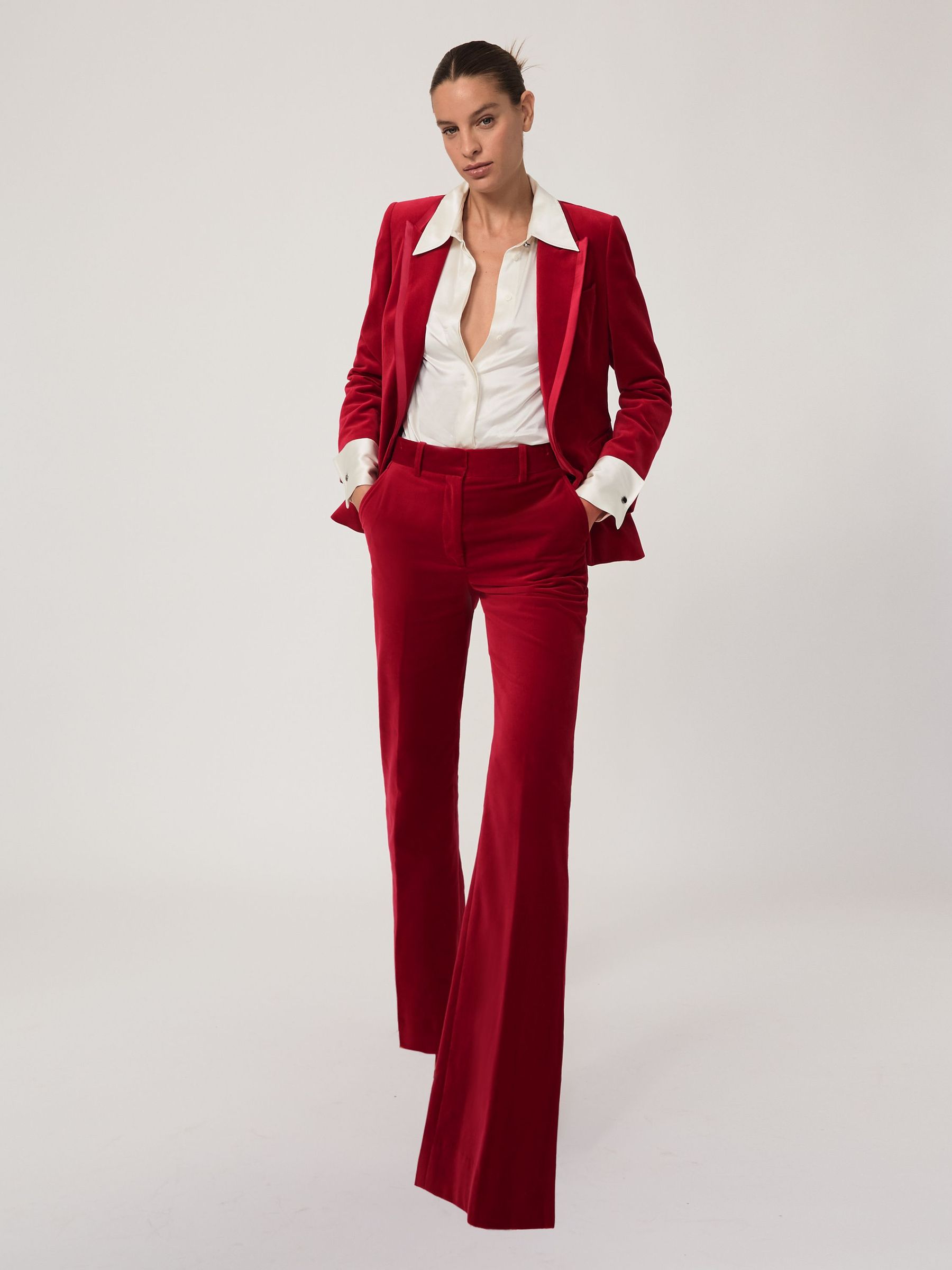 Velvet Tuxedo-Stripe Flared Trousers in Red (W64883) | 980 QAR