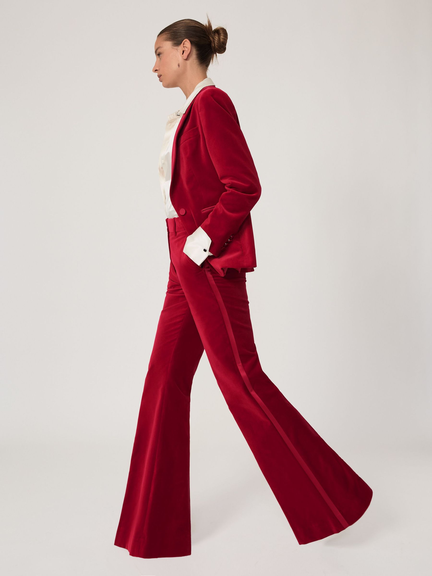 Petite Velvet Tuxedo-Stripe Flared Trousers in Red (W64884) | 980 QAR