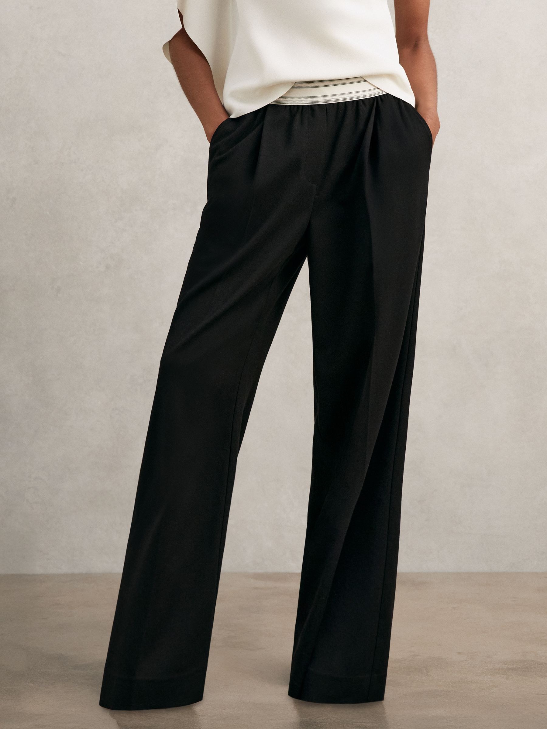 Petite Wide-Leg Contrast-Waistband Trousers in Black (W64905) | $265