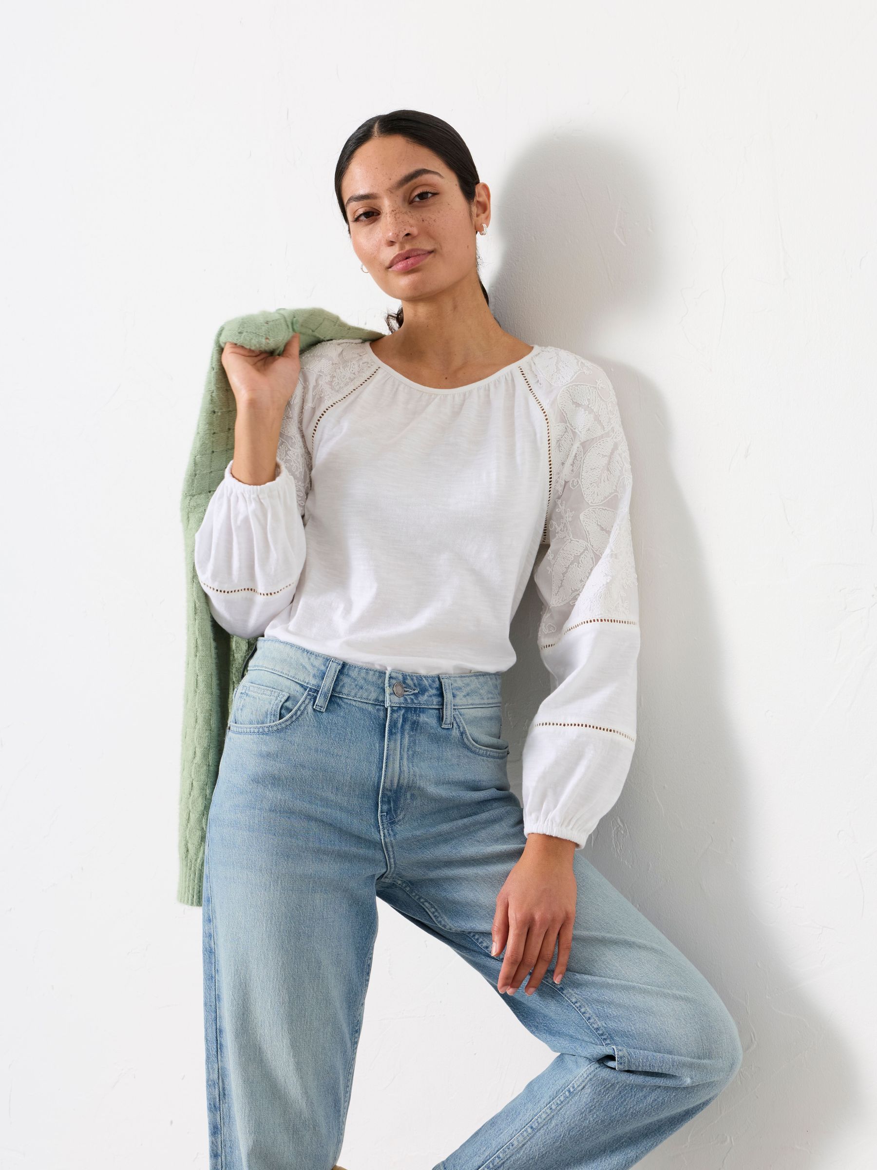 Ally White Embroidered Sleeve Top (W66851) | $80