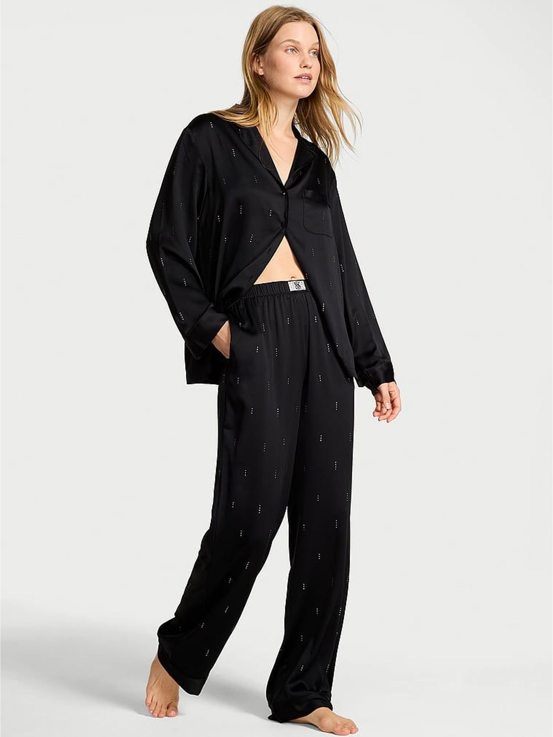 Black Waterfall Sequin Satin Shine Long Pyjamas Set (W67092) | €164