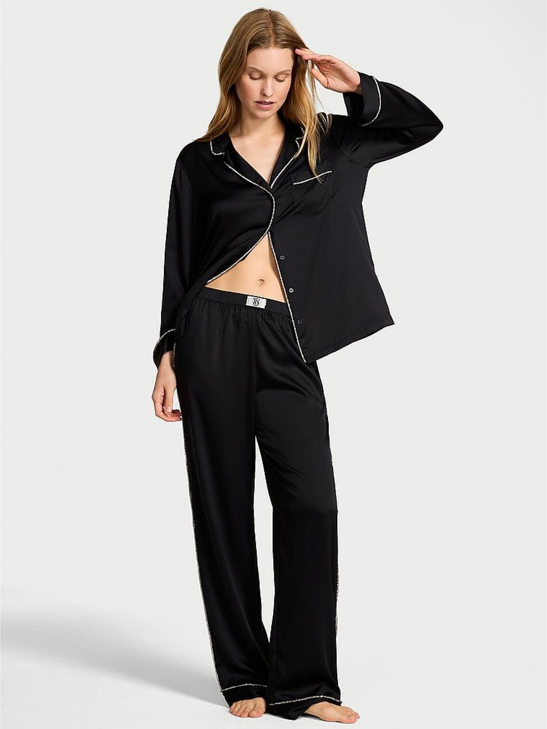 Black Diamanté Trim Satin Shine Long Pyjamas Set (W67093) | €133