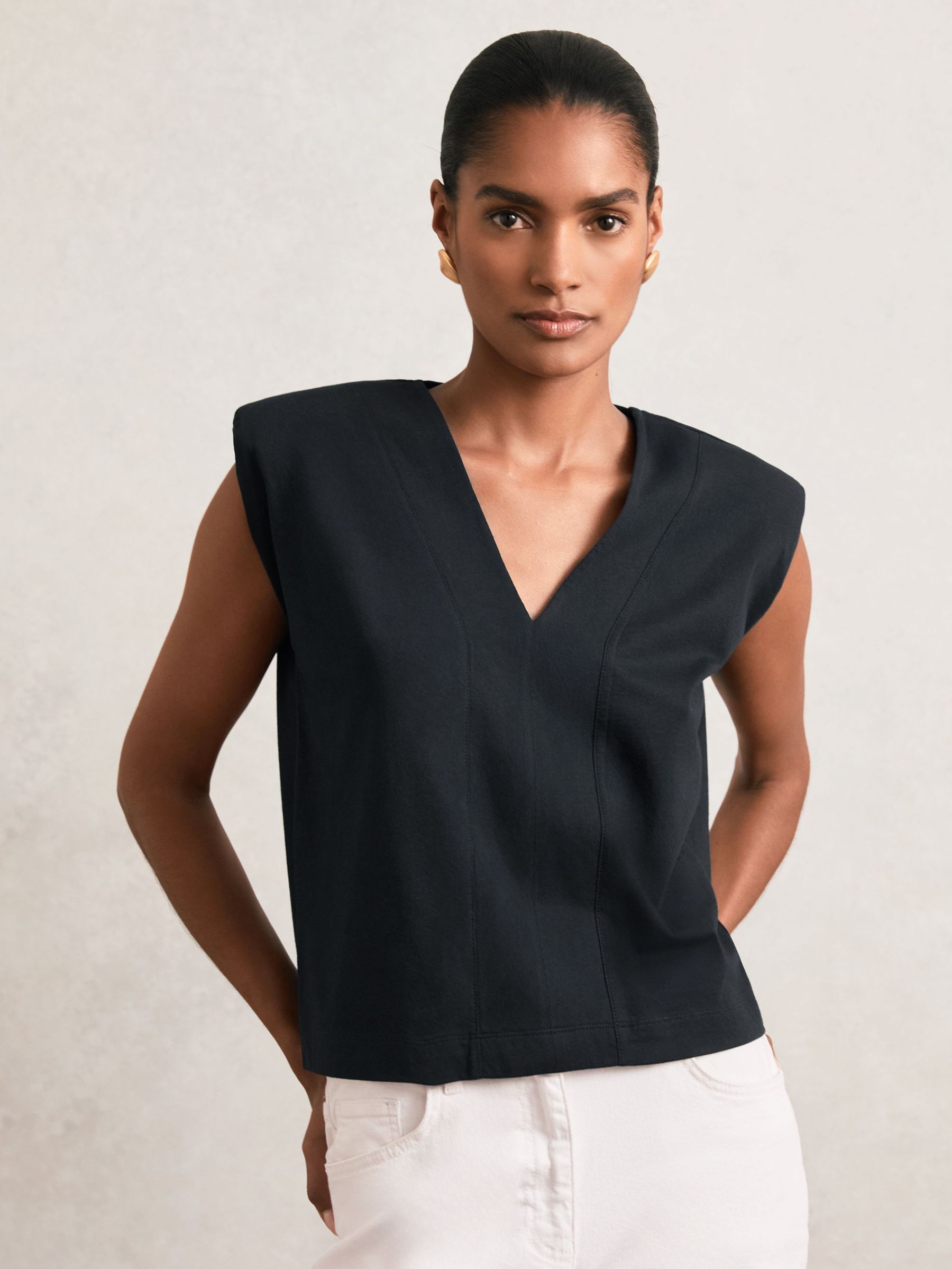 Cotton Shoulder-Pad V-Neck Top in Navy (W67235) | 195 QAR
