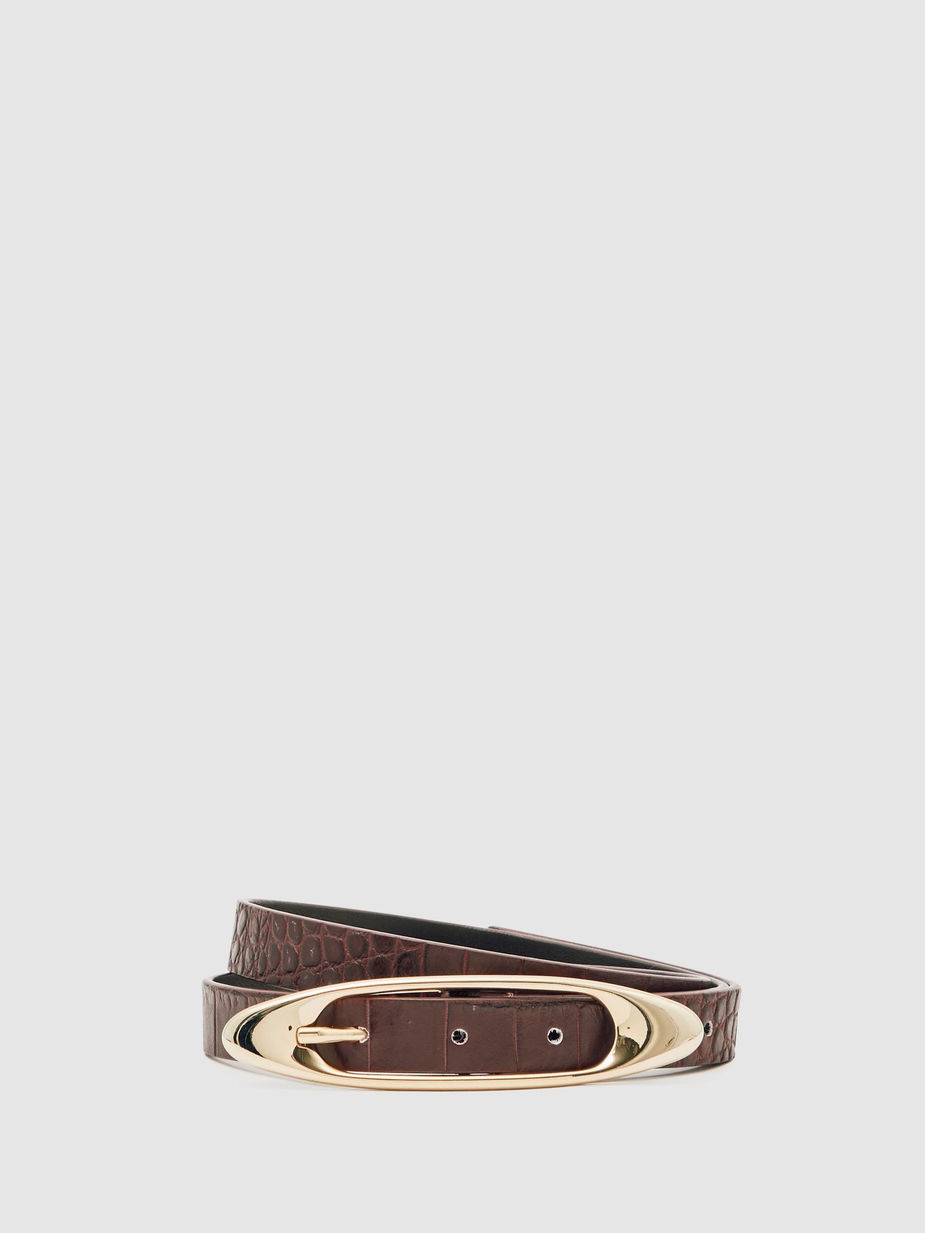 Croc-Effect Leather Oval-Buckle Belt in Burgundy (W67287) | 370 QAR