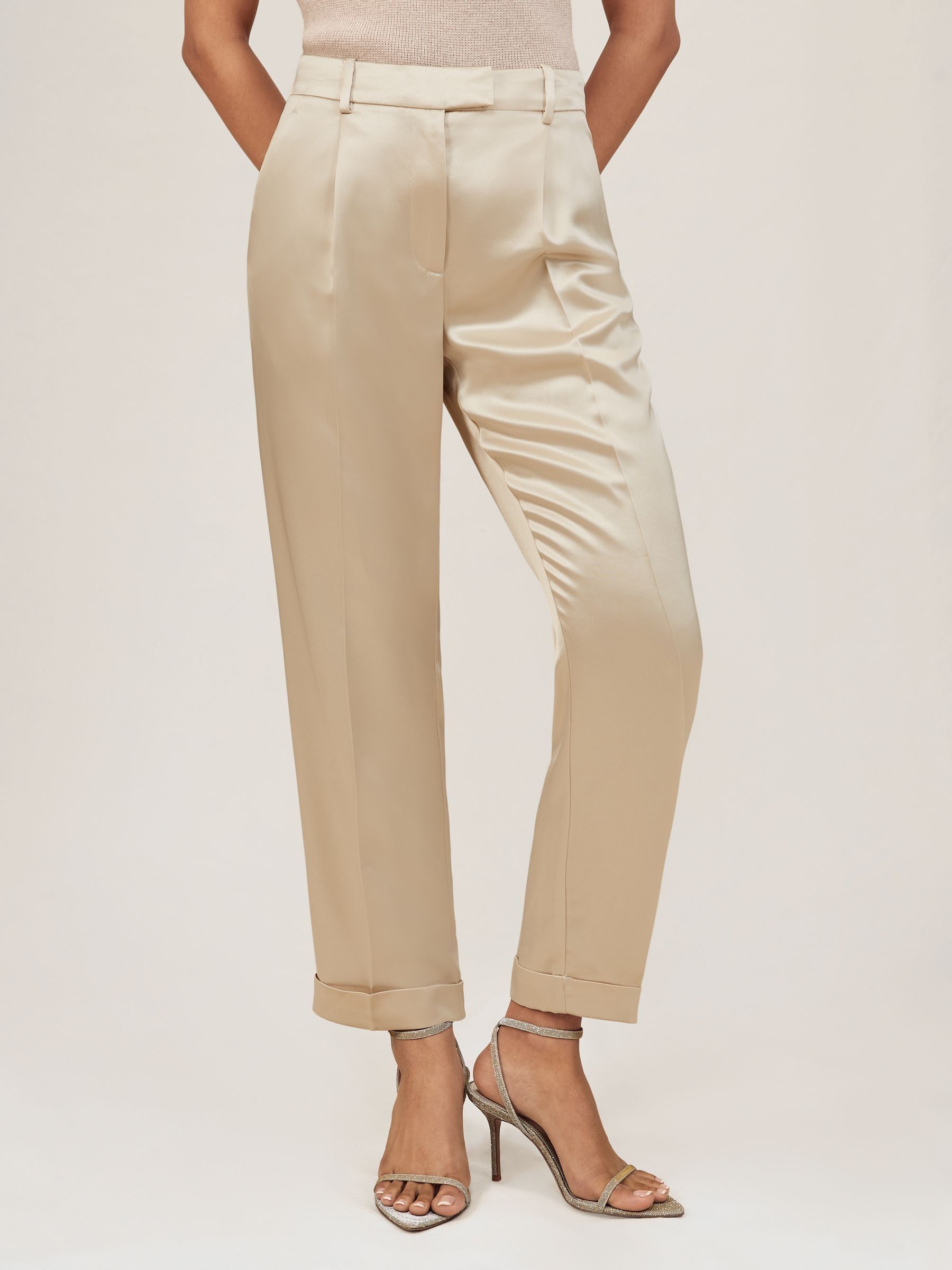 Petite Satin Tapered Trousers in Neutral (W67656) | 820 QAR