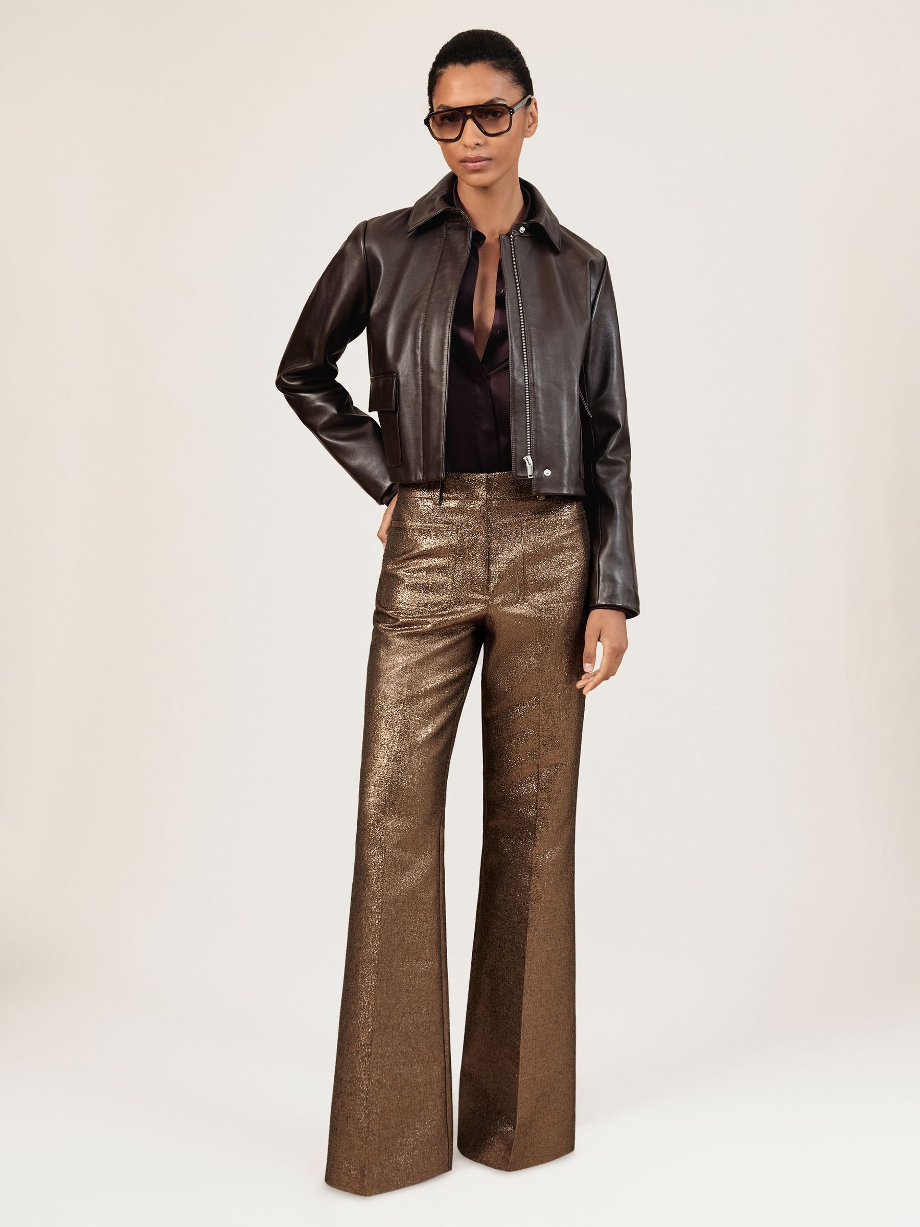 Petite Sparkle Patch-Pocket Flared Trousers in Gold (W67658) | 820 QAR