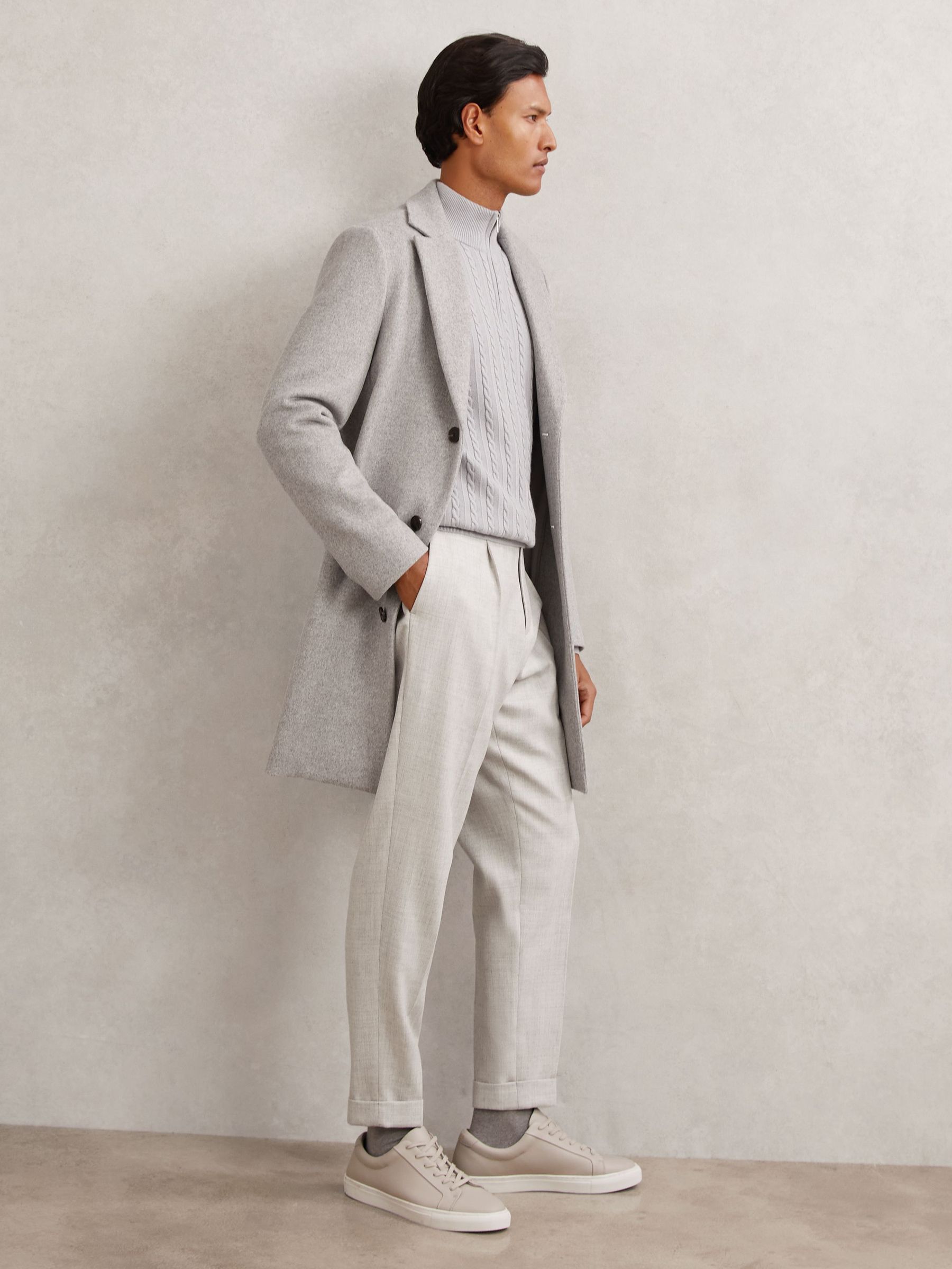 Wool-Blend Tailored-Fit Cuffed Trousers in Soft Grey (W69542) | $275