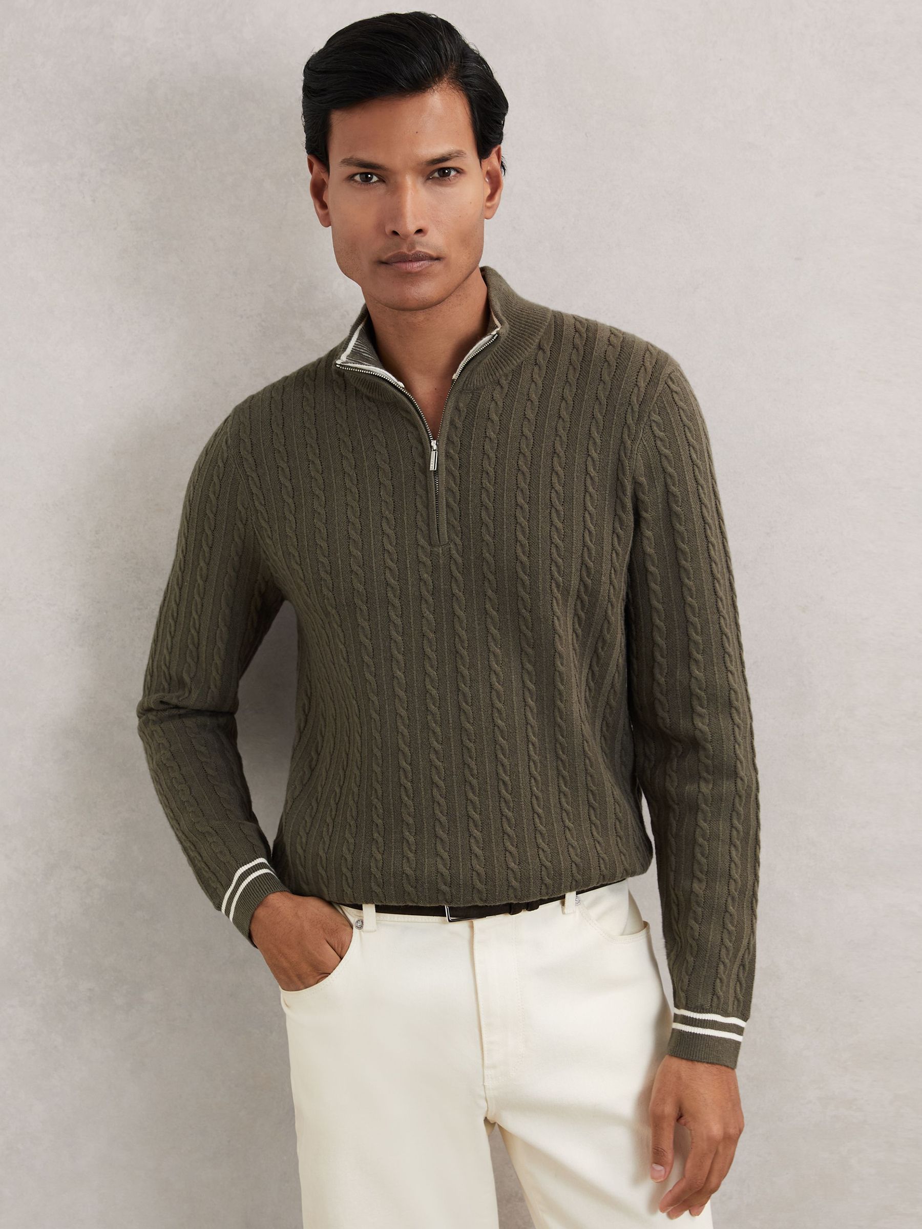 Half-Zip Cable Knit Jumper With Wool in Khaki Green (W69544) | CA$230