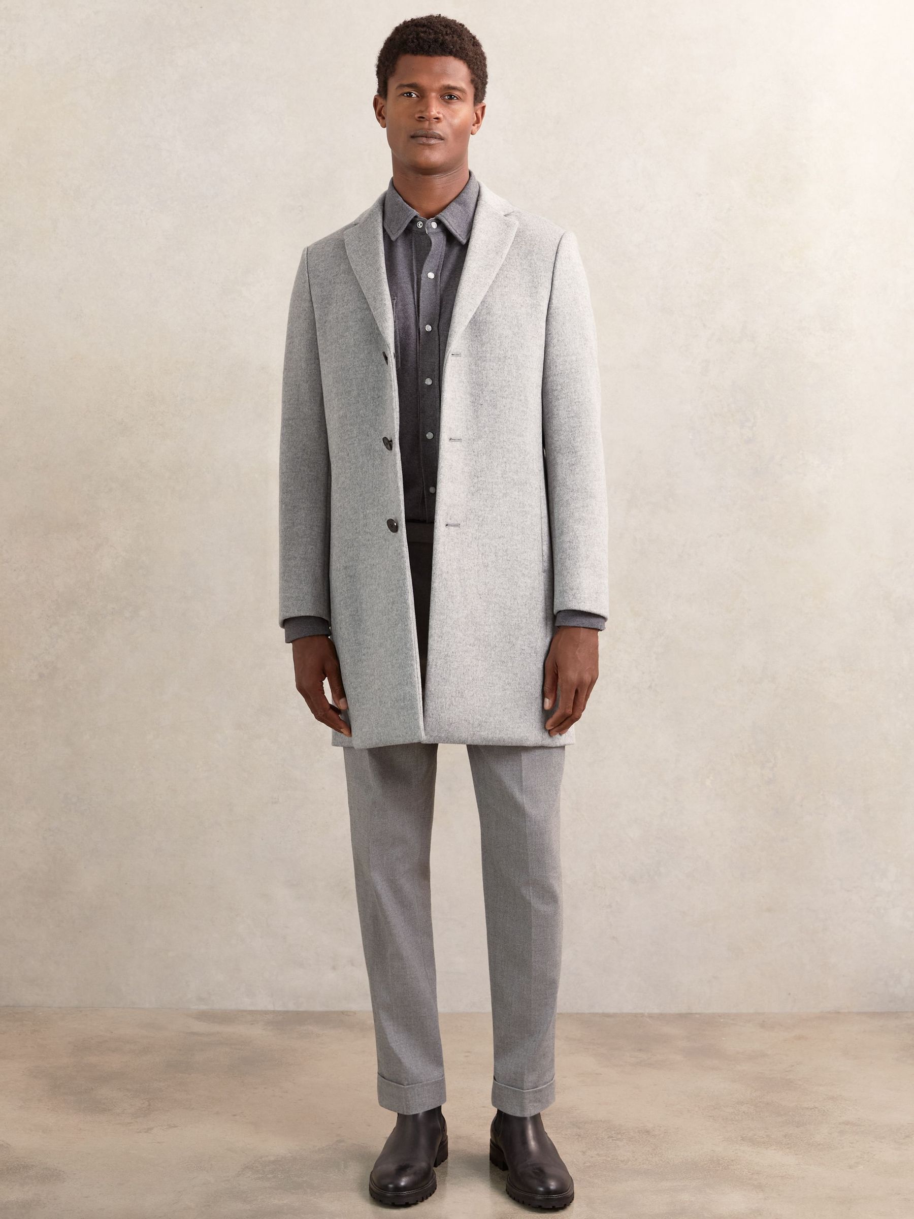 Wool-Blend Single-Breasted Overcoat in Soft Grey (W69563) | $560