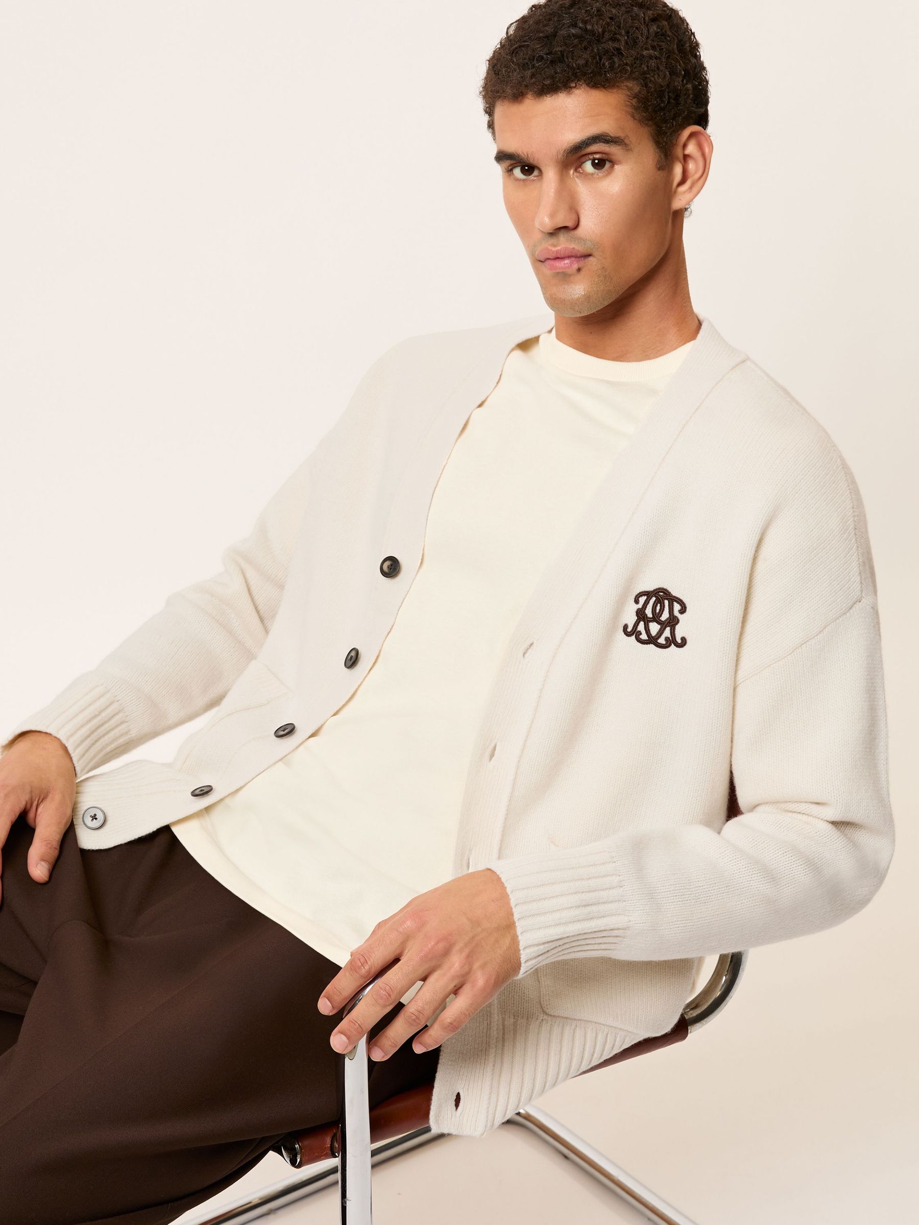 Monogram Embroidered Wool Cardigan in Off White (W69573) | €195