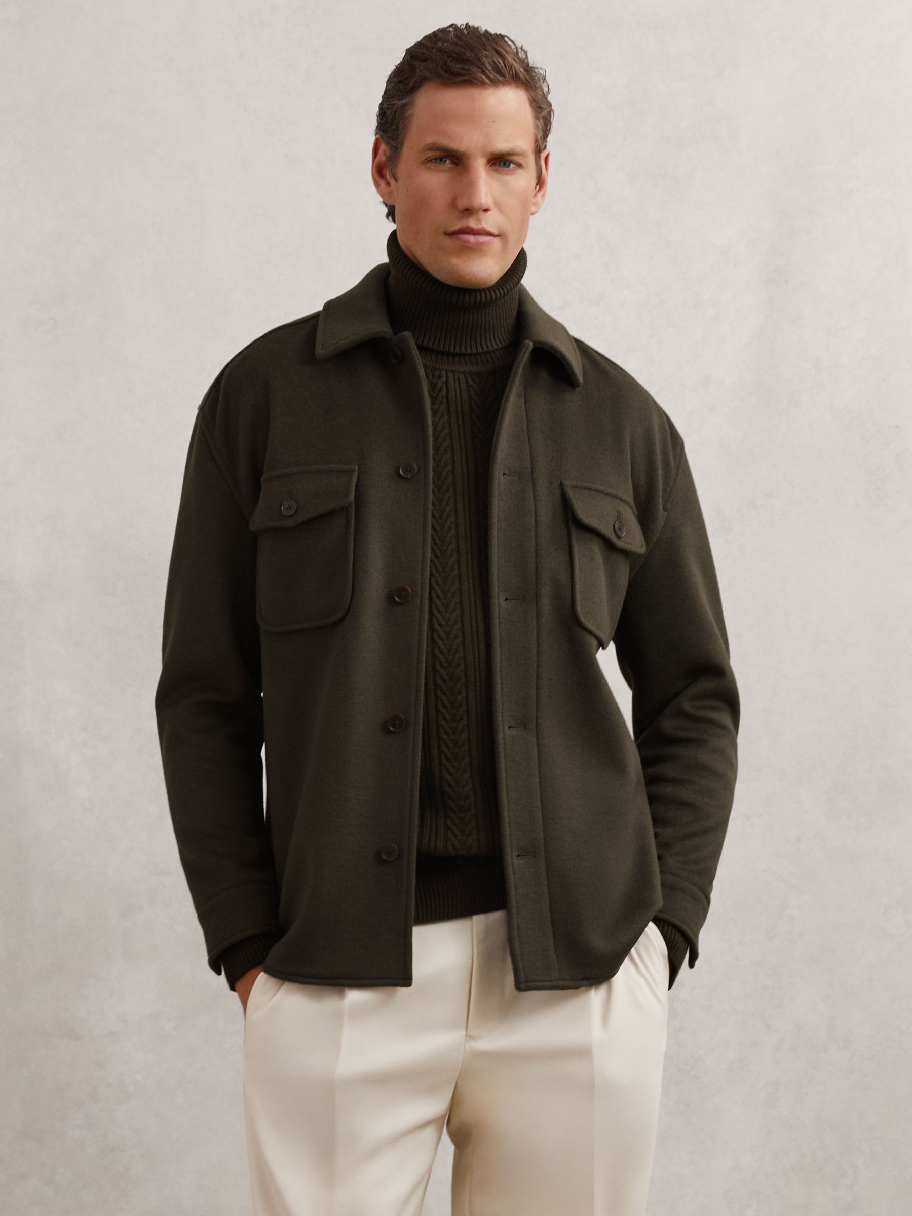 Wool-Blend Twin-Pocket Overshirt in Khaki Green (W69576) | SGD 360