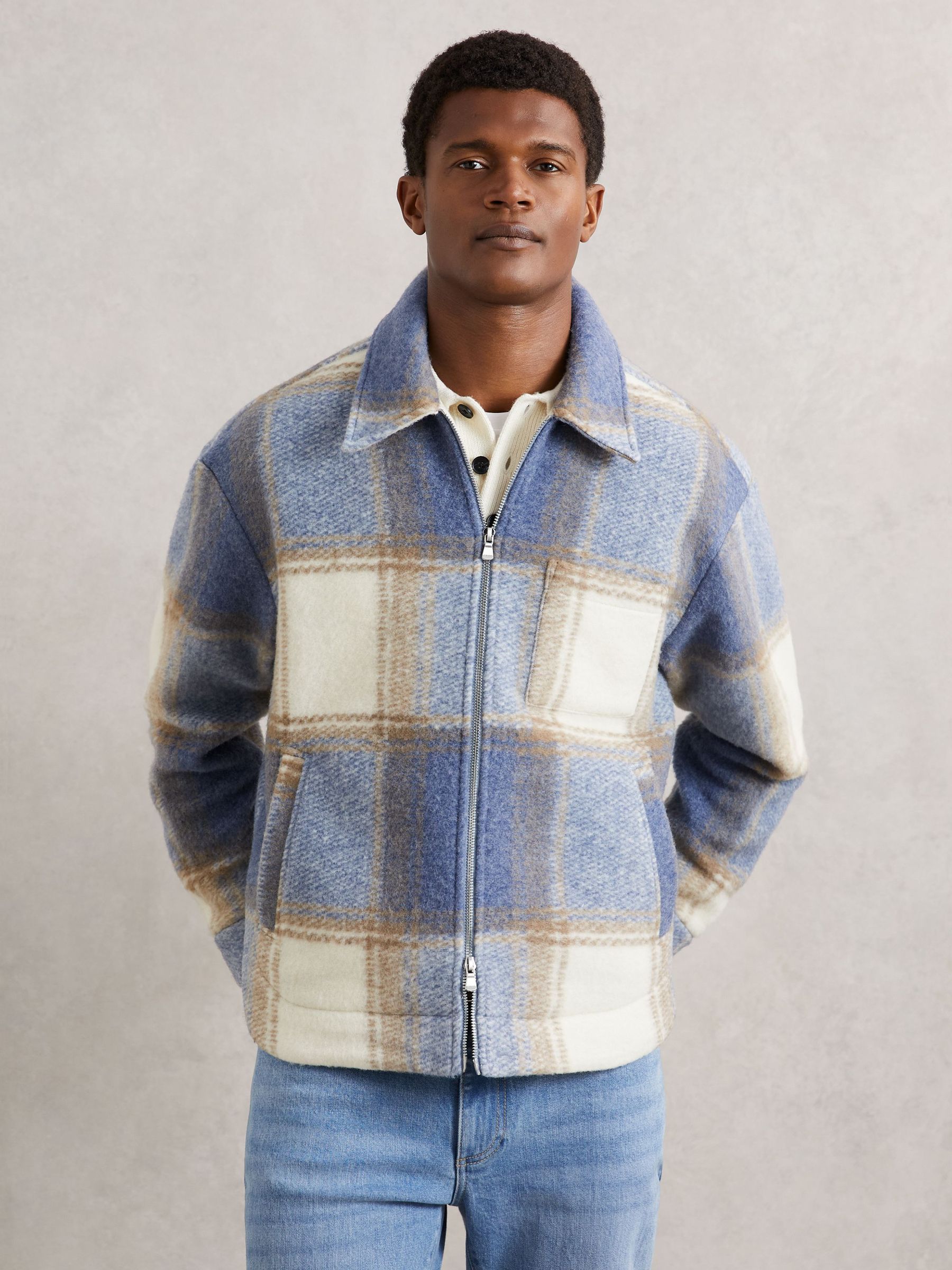 Zip-Through Check Overshirt in Stone/Blue (W69588) | 915 QAR