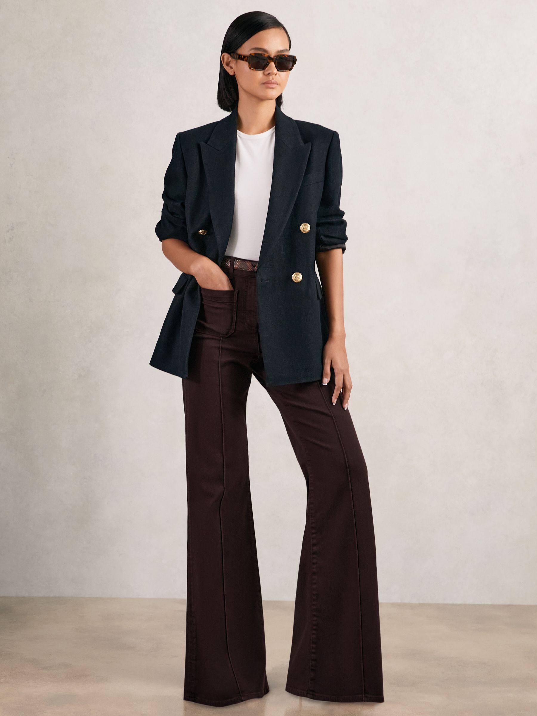 Petite Patch-Pocket Flared Jeans in Burgundy (W71095) | 950 SAR