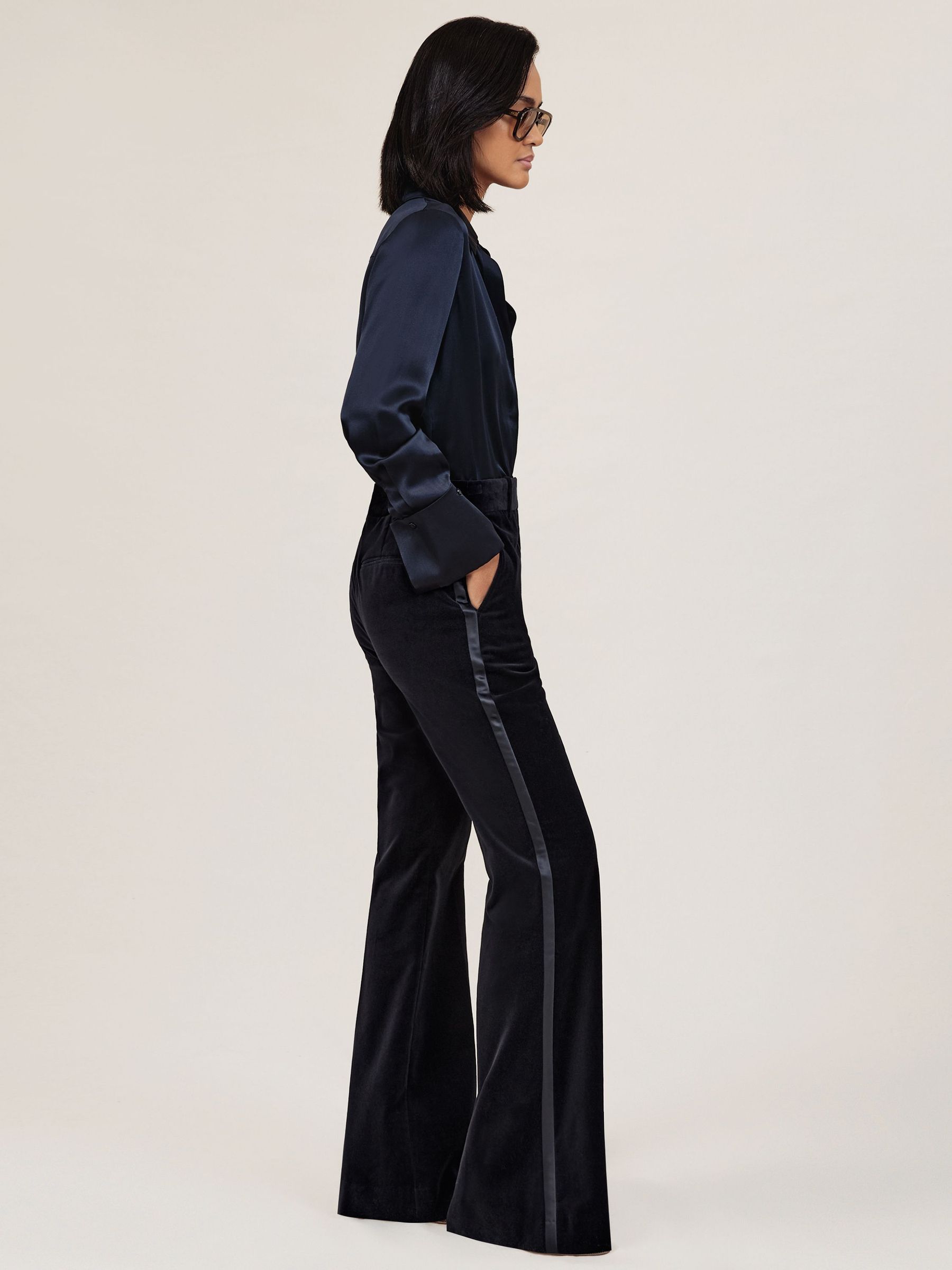 Velvet Satin-Stripe Flared Trousers in Navy (W71098) | 980 QAR