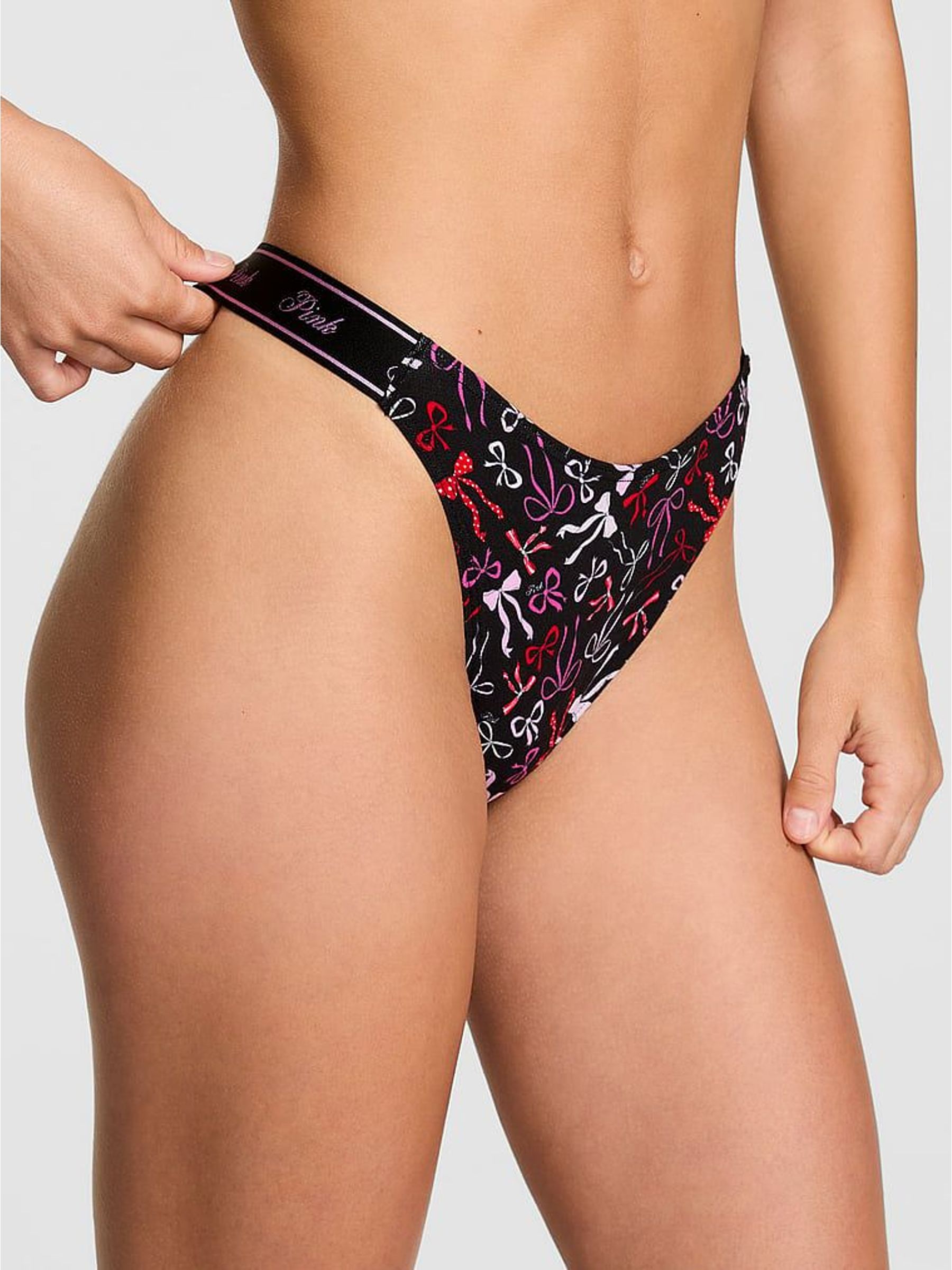 Black Bow Print Thong Cotton Logo Knickers (W71456) | €13