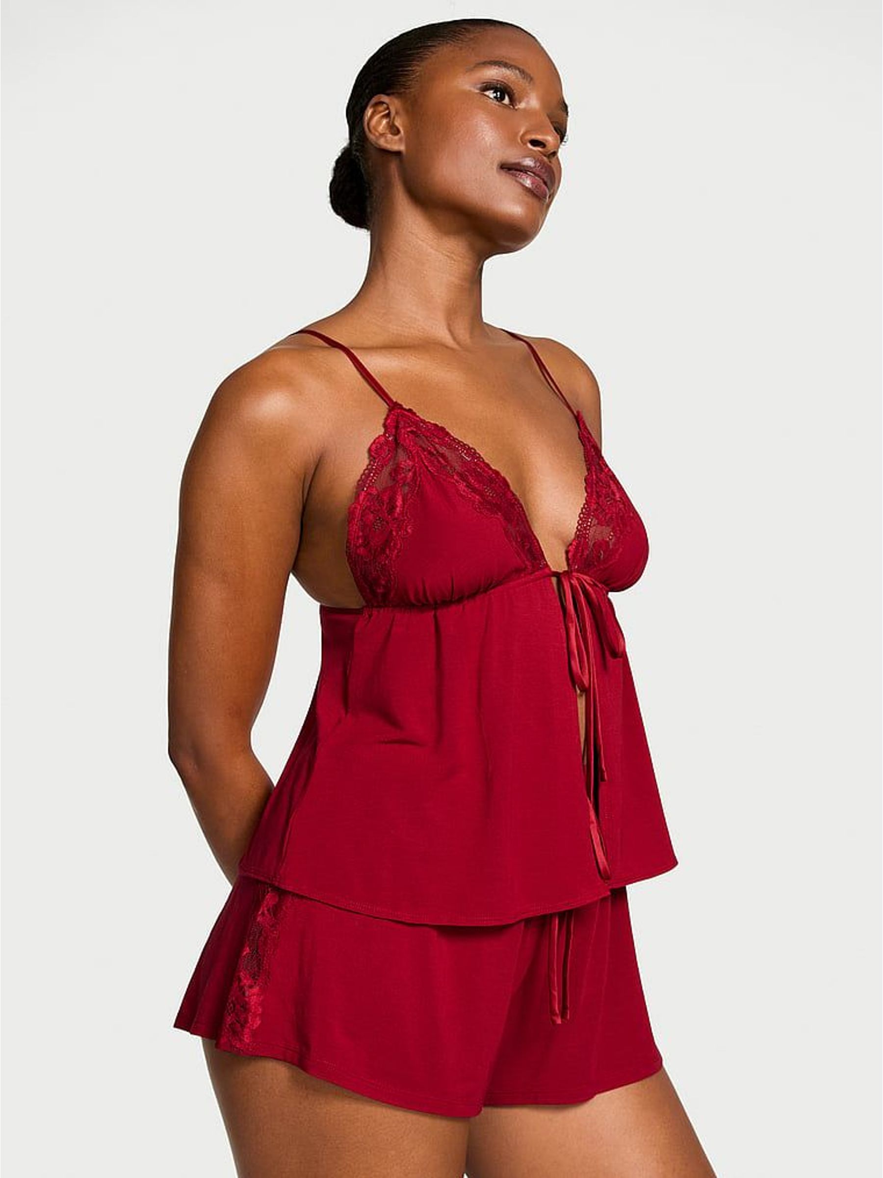 Red Lacquer Modal Lace Flyaway Cami Set (W71703) | €59