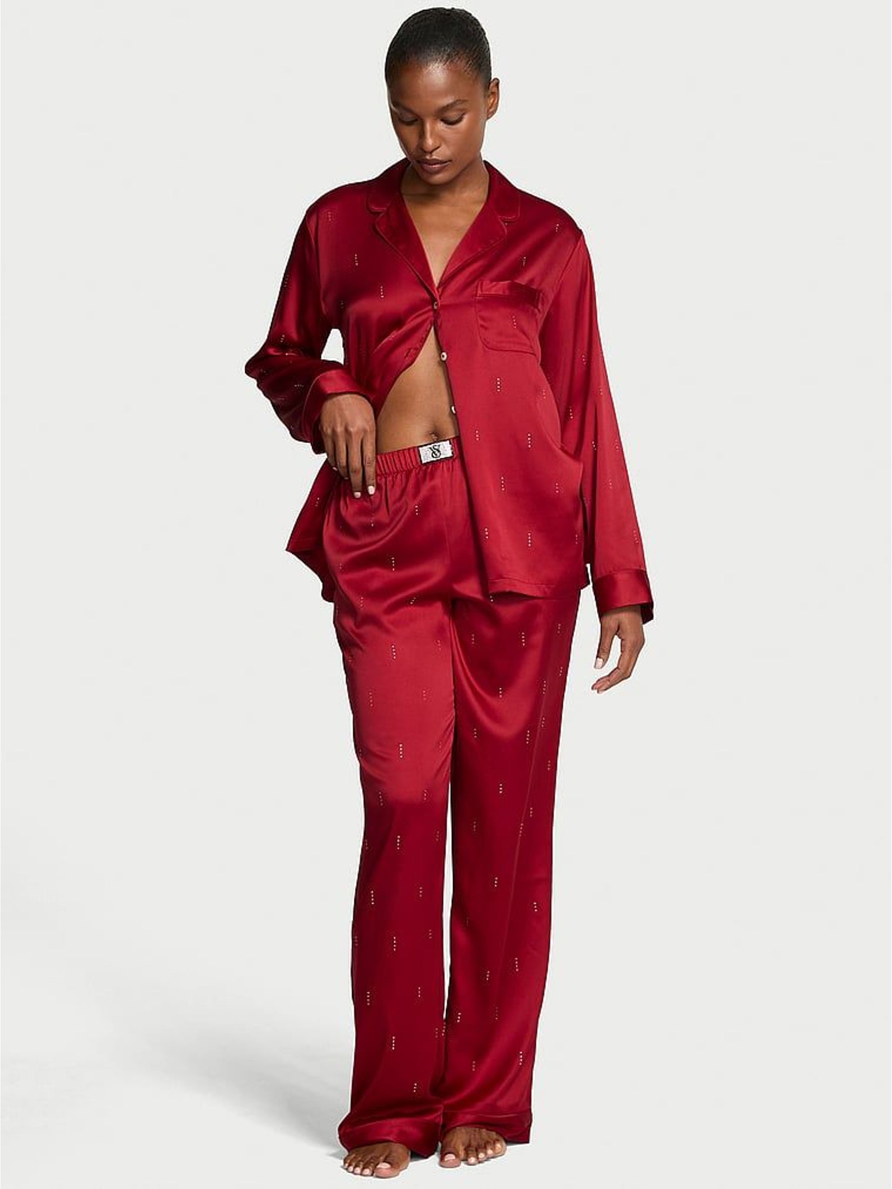 Red Waterfall Sequin Satin Shine Long Pyjamas Set (W71748) | €164