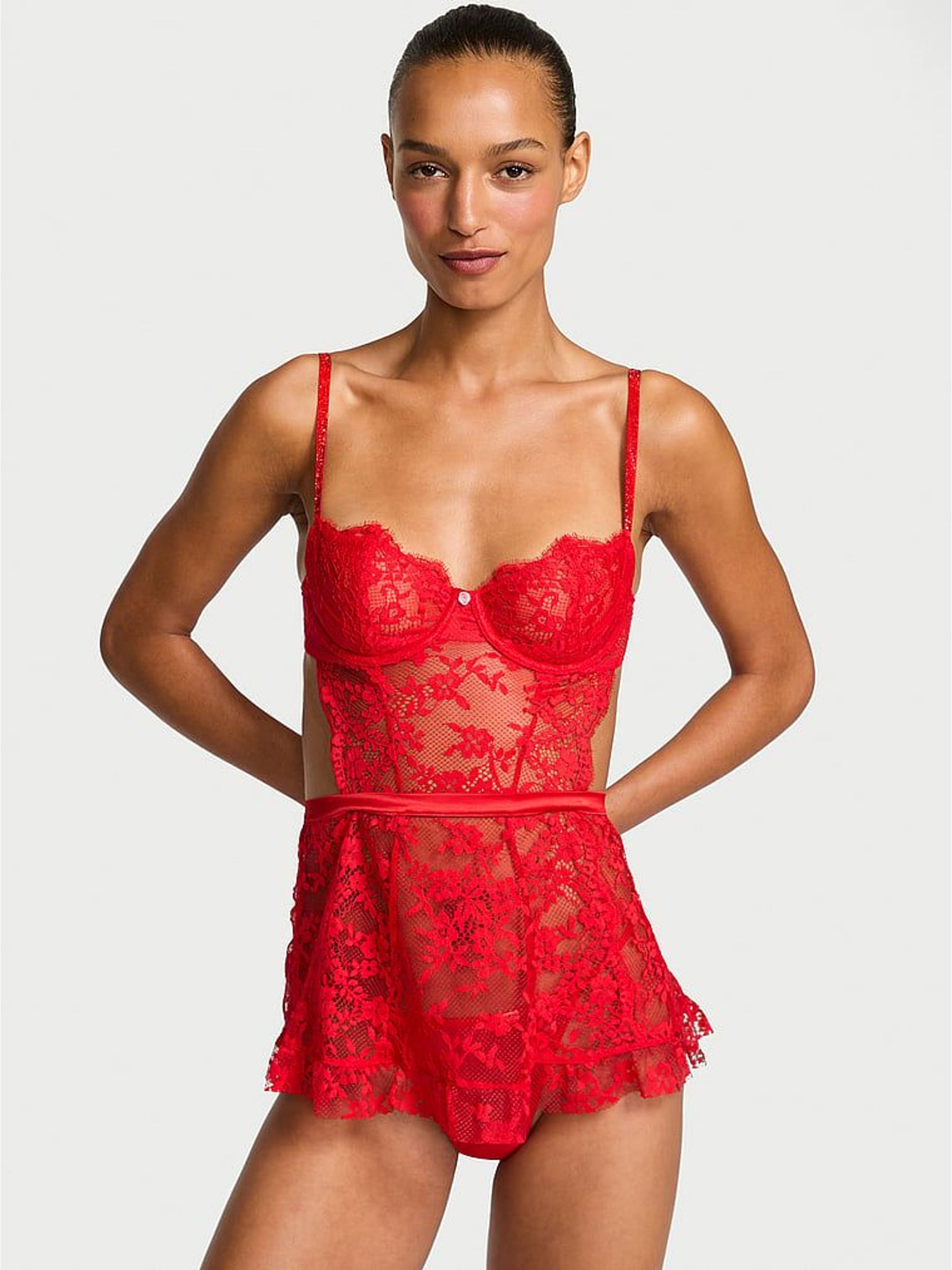 Bright Vermillion Red Twinkle Apron Lace Babydoll Set (W71773) | €95
