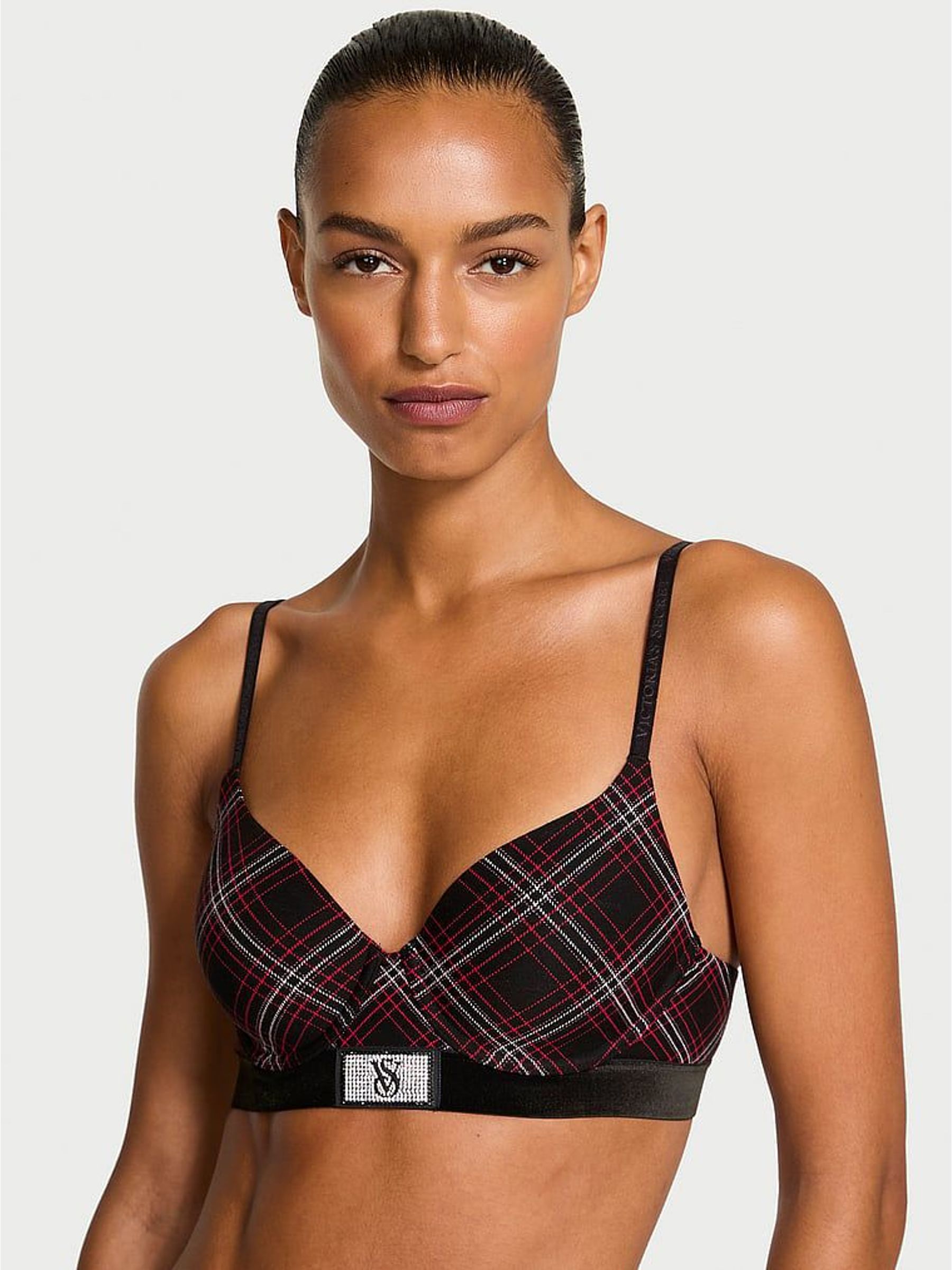 Black Tartan Lightly Lined Full Cup Logo Shine Patch Velvet Bra (W71778) | €51