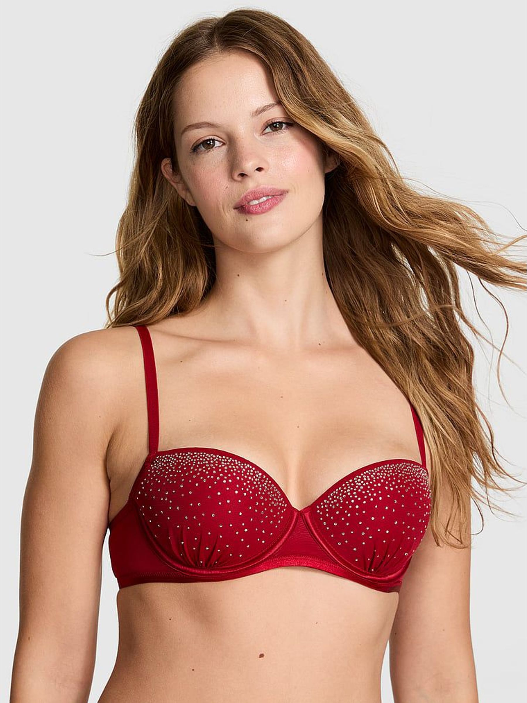 Red Lacquer Balcony Mesh Diamonte Bra (W71812) | €45