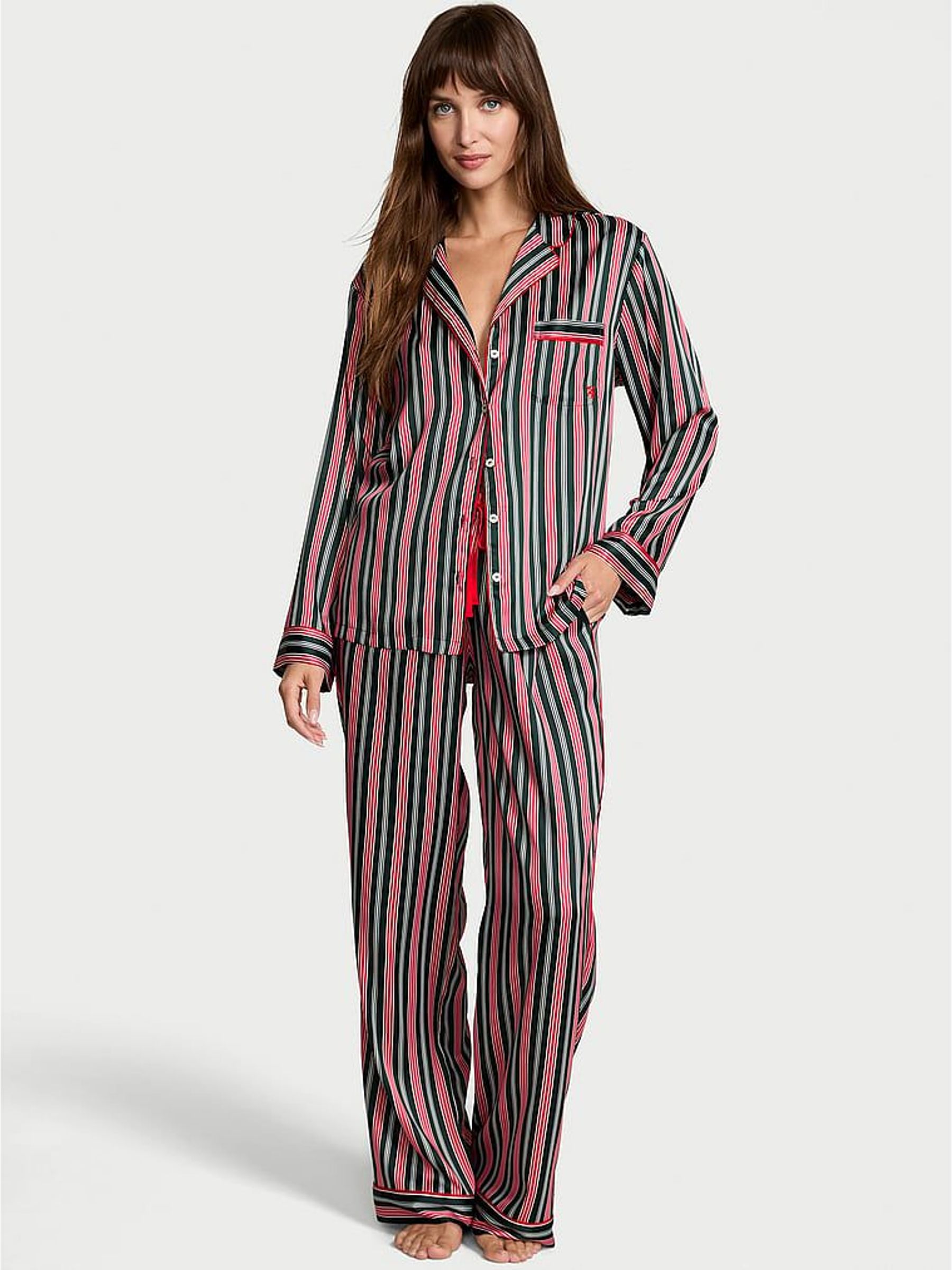 Red & Green Christmas Stripe Satin Long Pyjamas Set (W71991) | €87