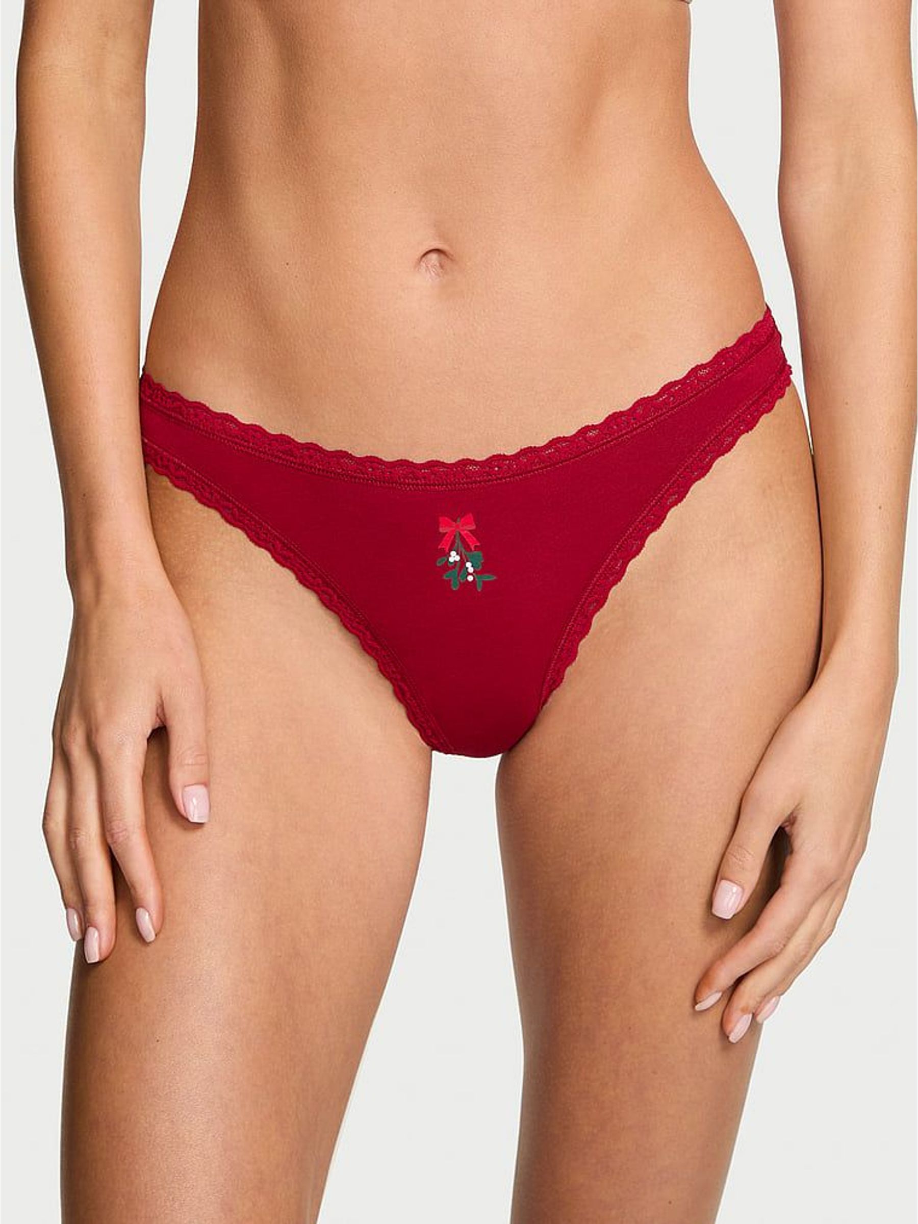 Red Christmas Mistletoe Thong Cotton Lace Trim Knickers (W72088) | €13